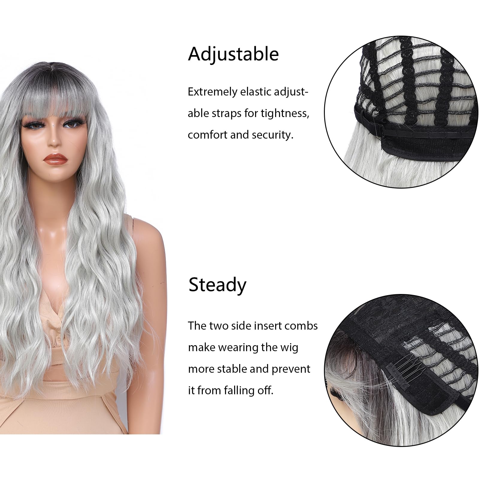 BUYOGET Long Curly Wavy Ombre Silver Wig with Fringe Adjustable 24 Inch Synthetic Cosplay Daily Hair Wigs for Women - Image 3