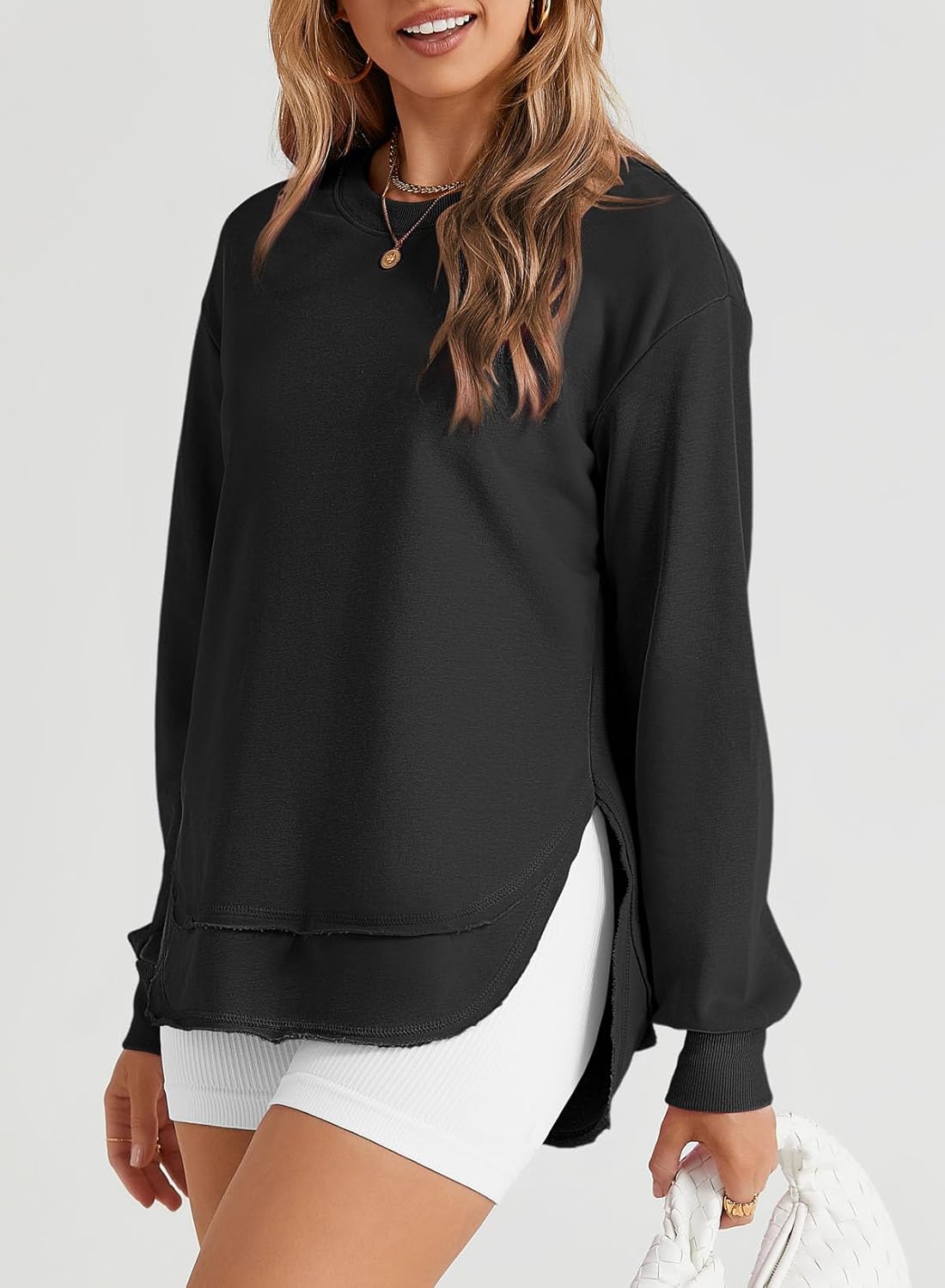 EVALESS Sweatshirt for Women Crewneck Long Sleeve Side Split Tops Casual Solid Color Loose Pullover Shirts 2025 Clothes - Image 3