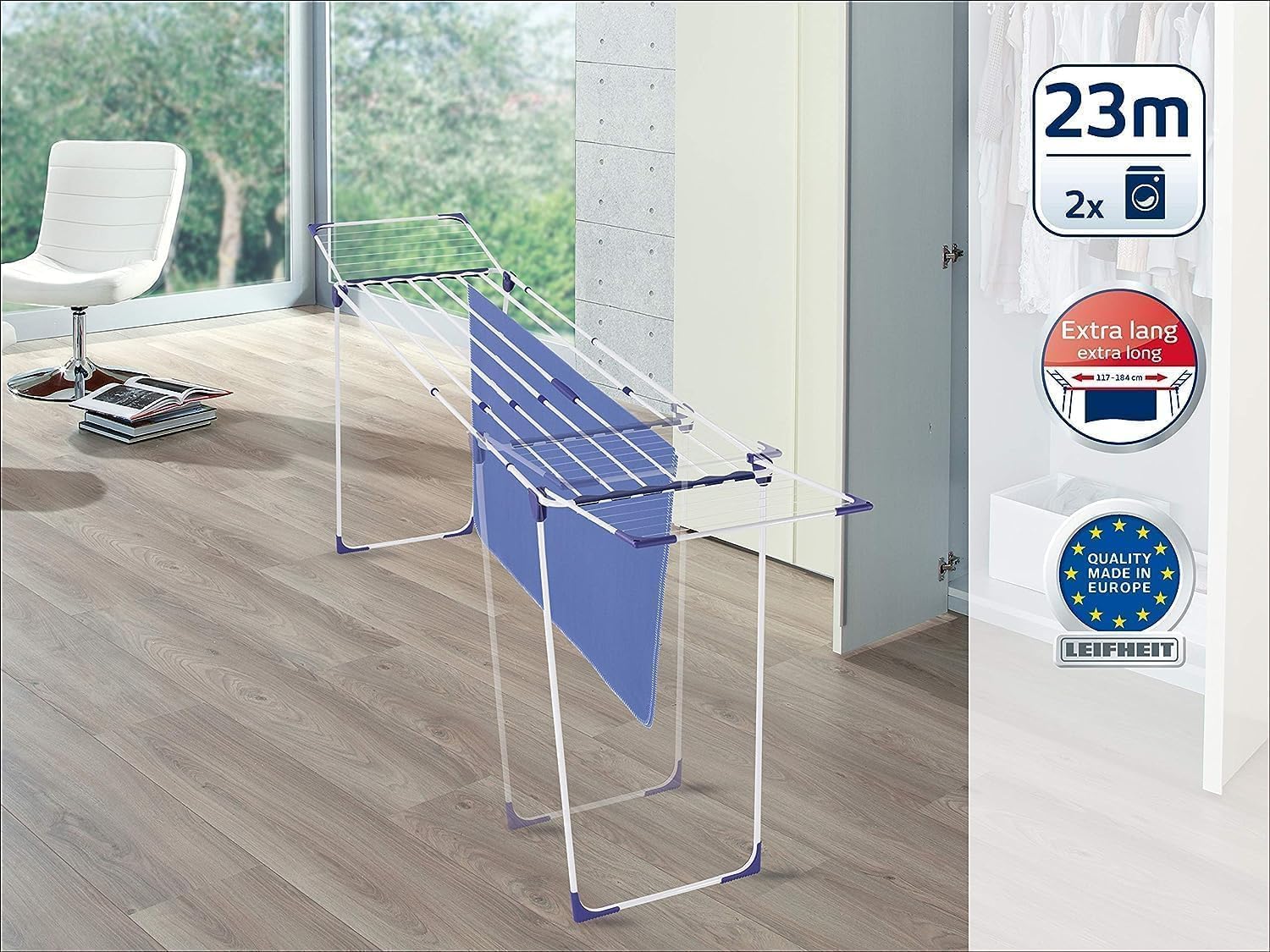 Leifheit Wäscheständer Classic Extendable 230 Solid, auf eine Breite von 184 cm ausziehbar, Standtrockner mit 23m Trockenlänge, Stabiler Wäschetrockner mit extradicken XL-Stäben, weiß, blau