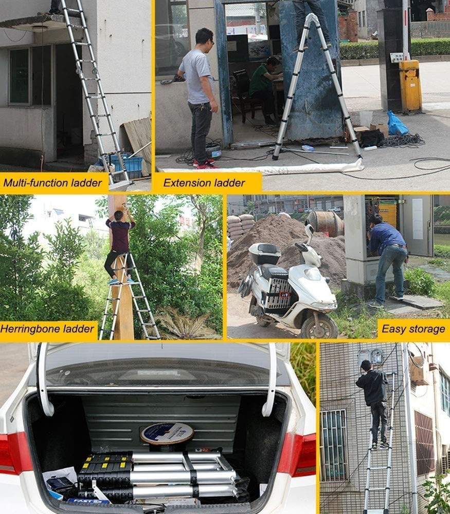 Telescoping Extension Ladder, Extension Ladders Telescoping Ladders Professional Telescopic Aluminum, Heavy Duty Telescopic Ladder with Locking Mechanism & Slip-Proof Feet, Max Loa