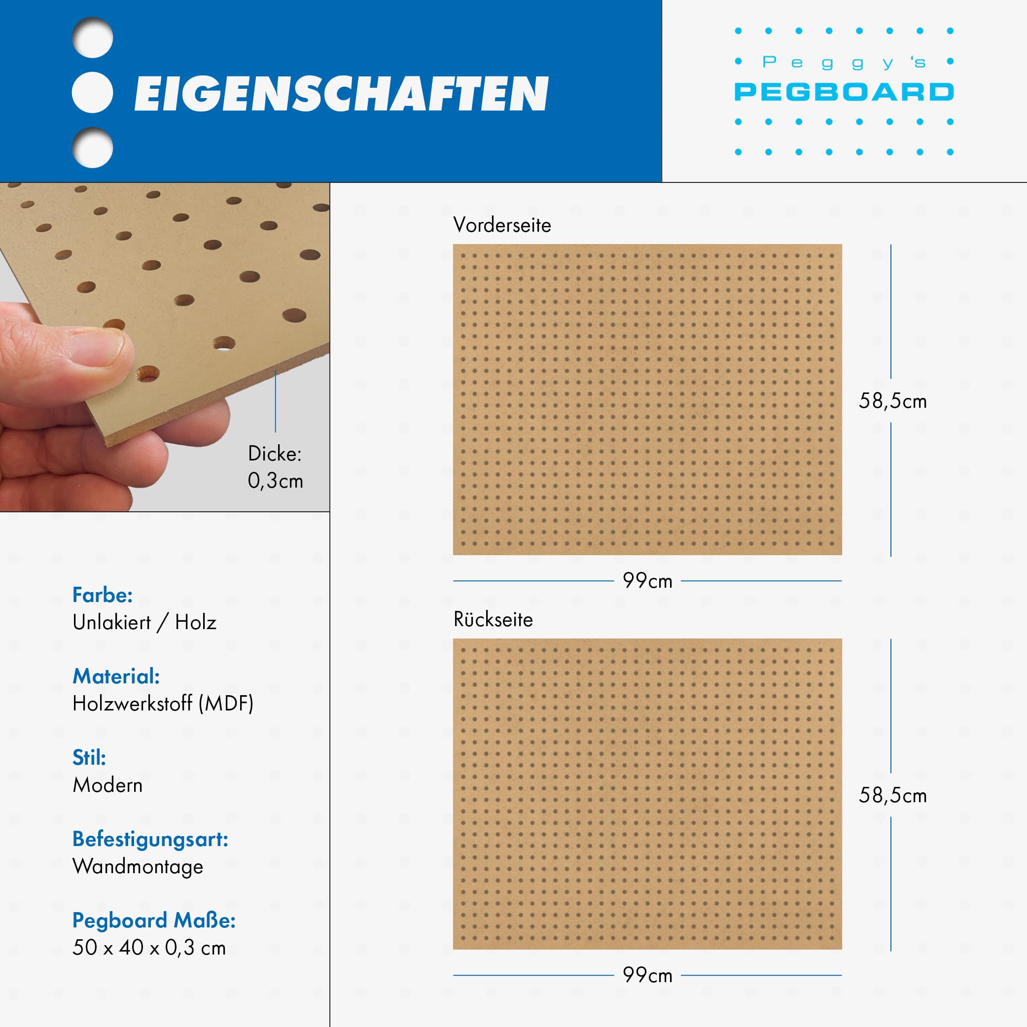 PEGBOARD Mini Lochwand aus Holz (MDF) 50 x 40 x 0,3 cm - Lochung Ø5 mm Abstand 15 mm - roh, unbehandelt - Hergestellt in Deutschland (10)