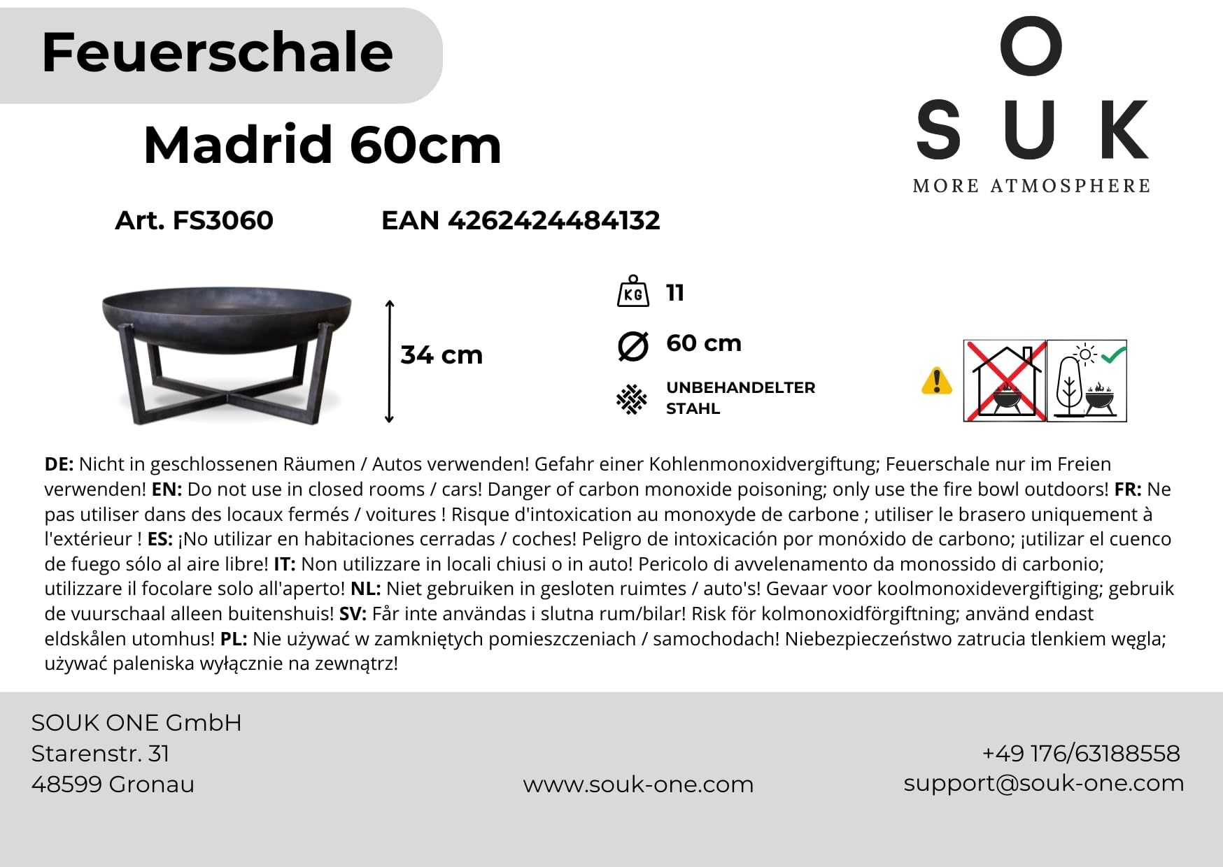 Madrid - Braciere, diametro da 60 cm, braciere per giardino, terrazza e balcone, braciere a bidone e a cesto