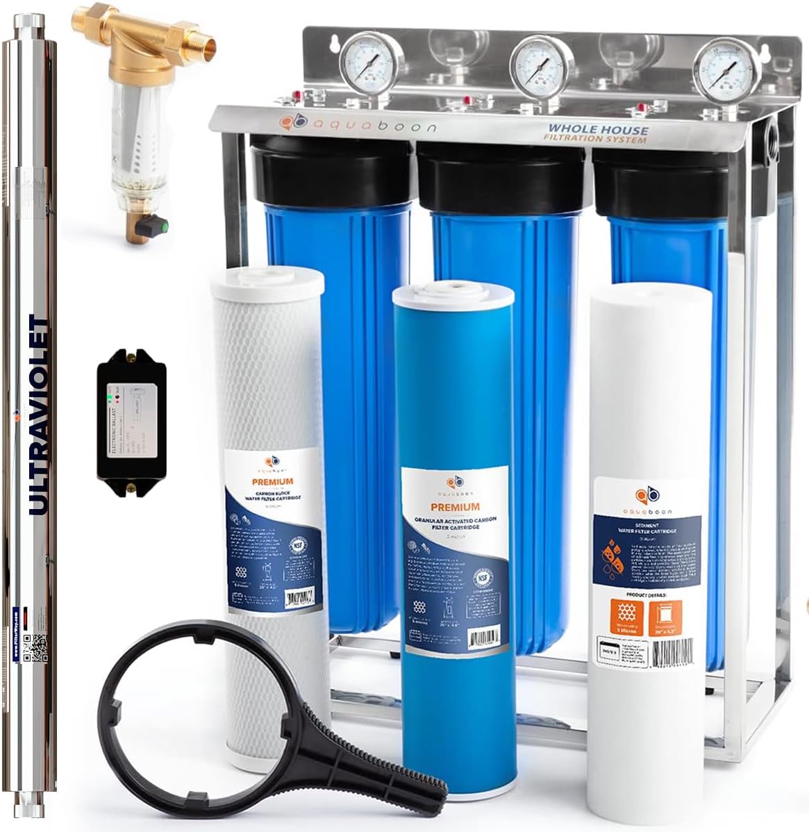 Aquaboon 20" 3 Stage Whole House Water Filtration System with Big Housings and Pressure Gauges - UV Lamp, GAC Filter, Carbon Block, Sediment Filter Cartridges, Steel Frame