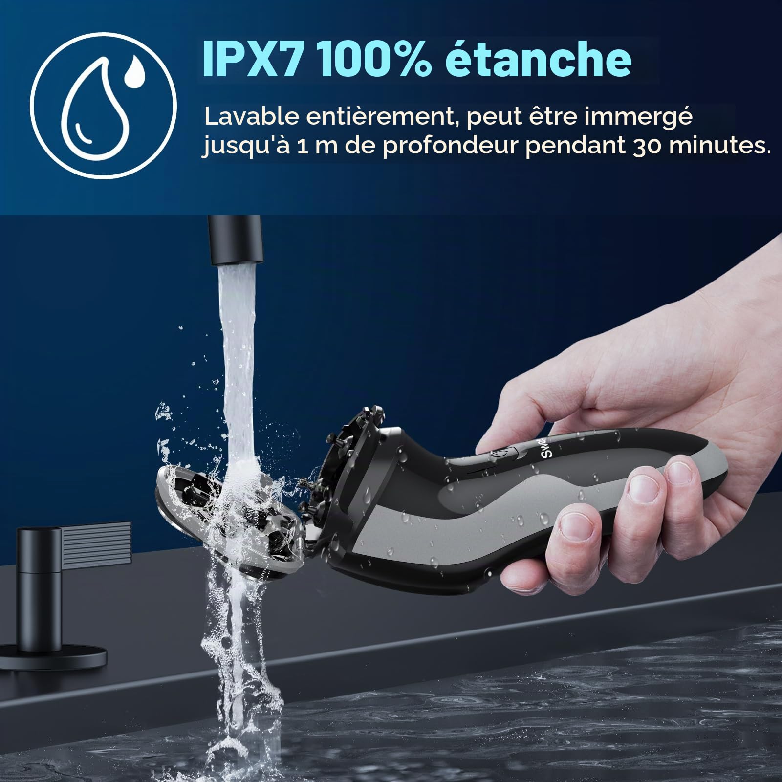 SweetLF Rasoir électrique pour homme avec tondeuse de précision, rasoir rotatif IPX7 pour homme - Rasoir humide et sec avec 1 chargeur + 3 lames supplémentaires - Rasoir étanche pour homme électrique