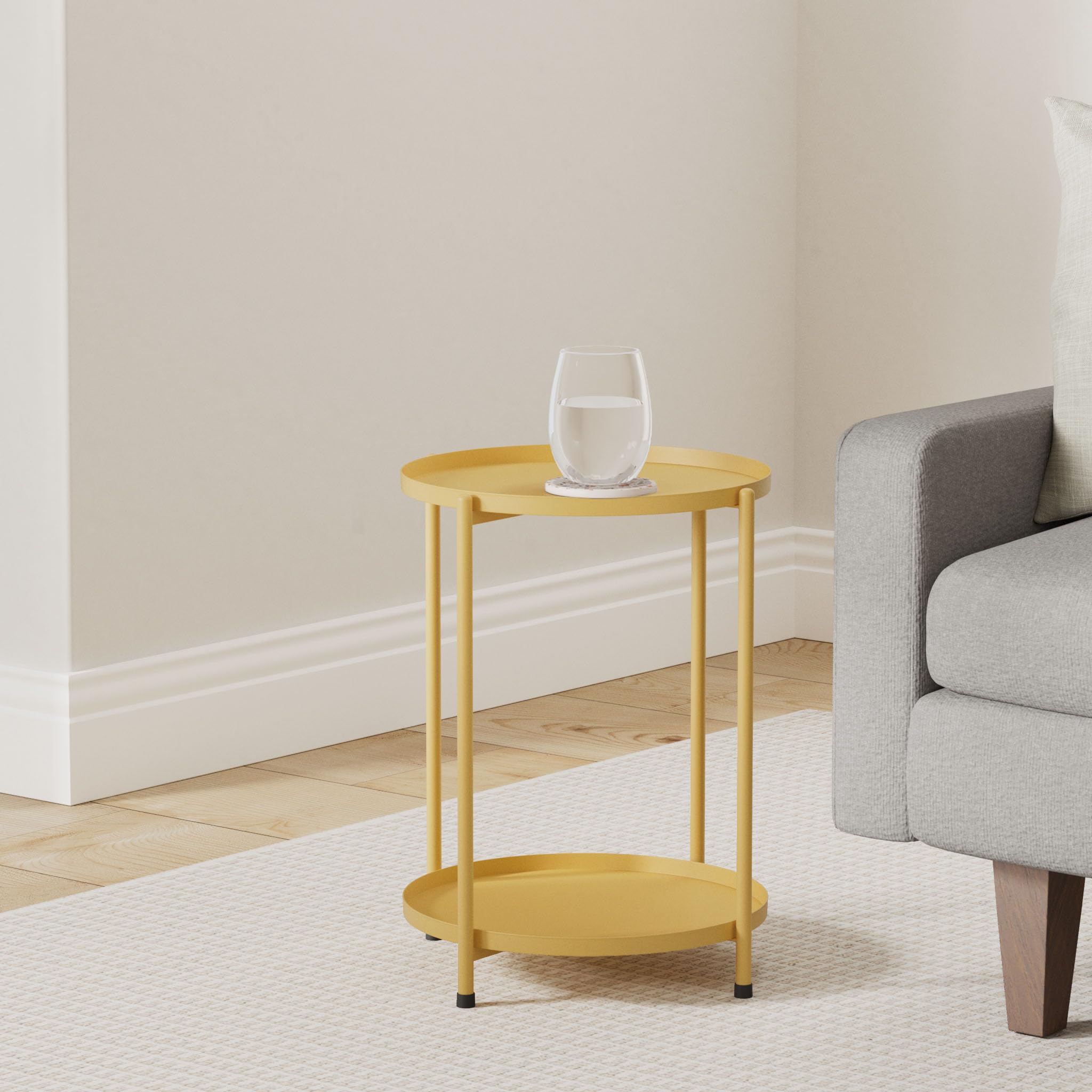 Round Metal Side End Table with Double Tier,Accent Side Table,Coffee End Table Night Stand for Living Room and Bedroom,Anti-Rust and Waterproof (golden)