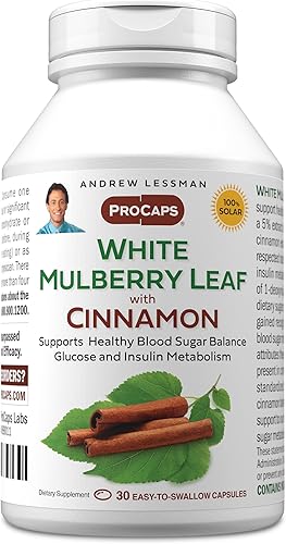 ANDREW LESSMAN Hoja de morera blanca con canela, 30 cápsulas blandas, hoja de morera blanca estandarizada con extracto de corteza de canela.