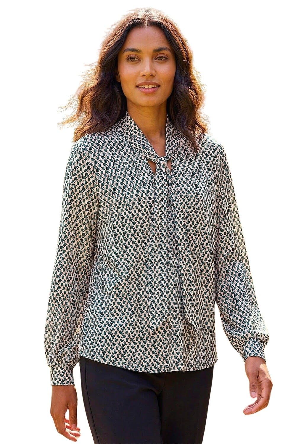 Roman Women's Green Geo Print Tie Front Tunic Top In | Size: 16