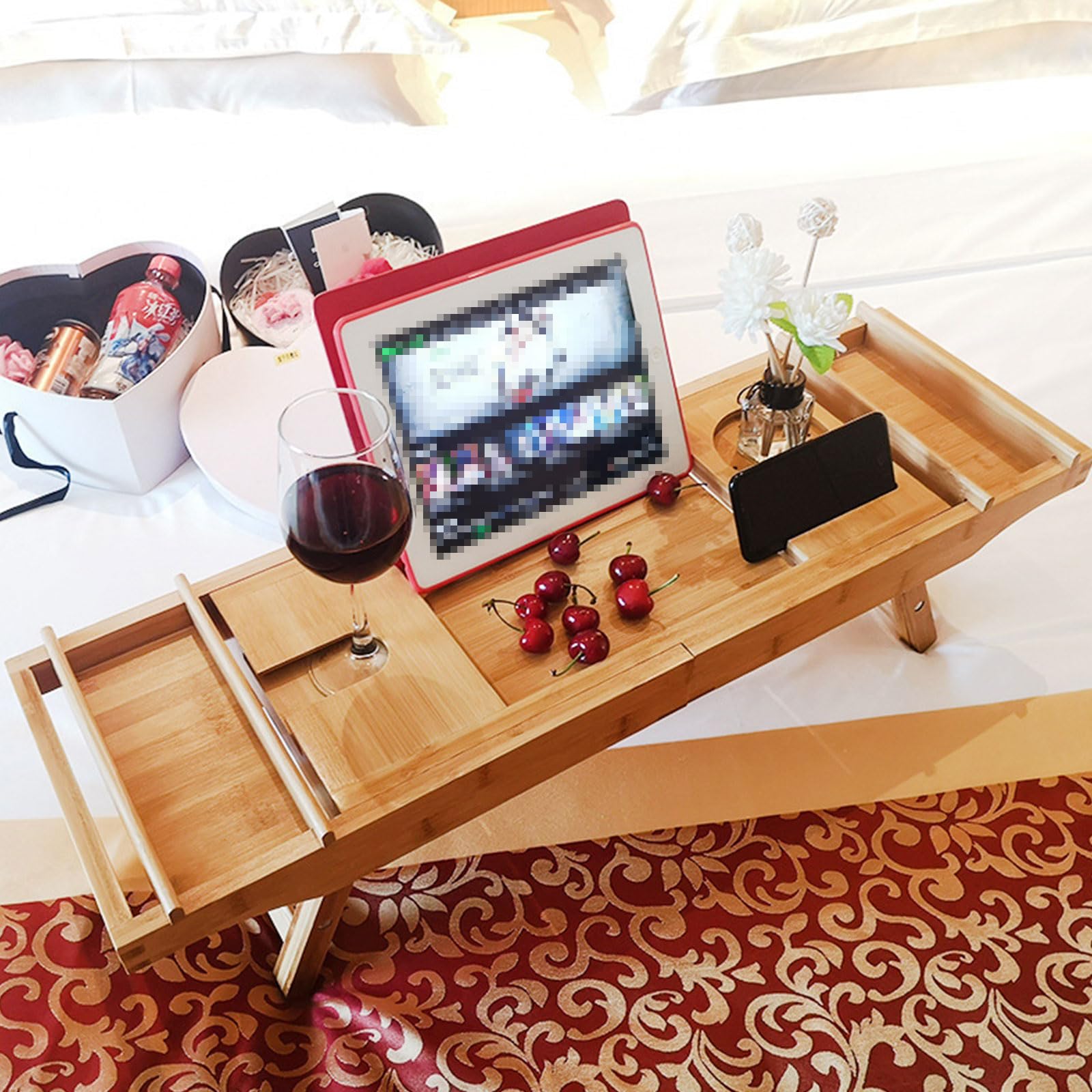 Combo de Bandeja de Desayuno de Bath Caddy - Bandeja y Bandeja de Cama de Madera de bambú Natural con pies Plegables, Soporte de tabletas, Soporte de jabón de Vidrio de Vino,Natural