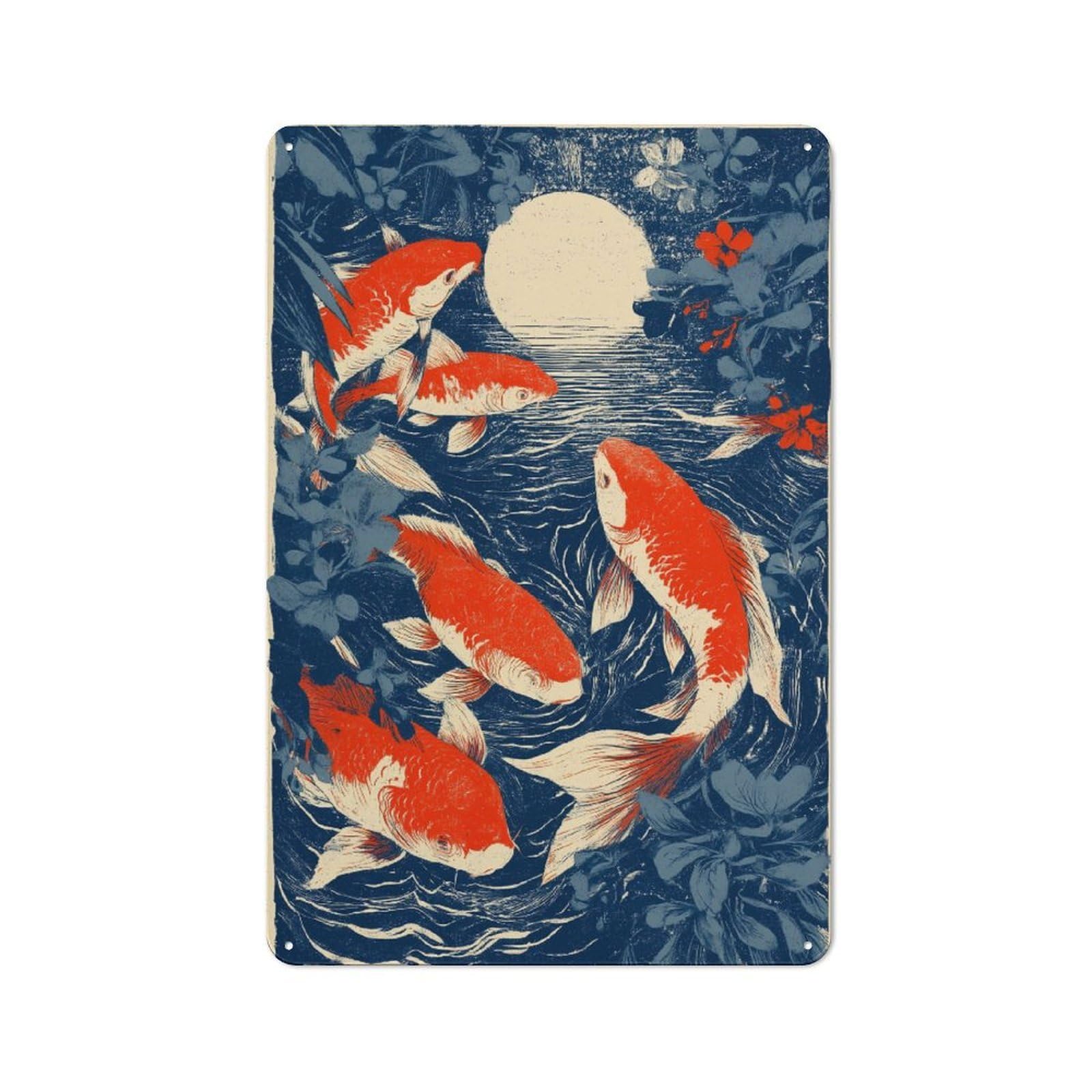 Junmoney Koi Moonlit Dance Rustic Metal Wall Sign 30X20cm For Home Office Or Studio, For Garage, Workshop And Man Cave Decoration