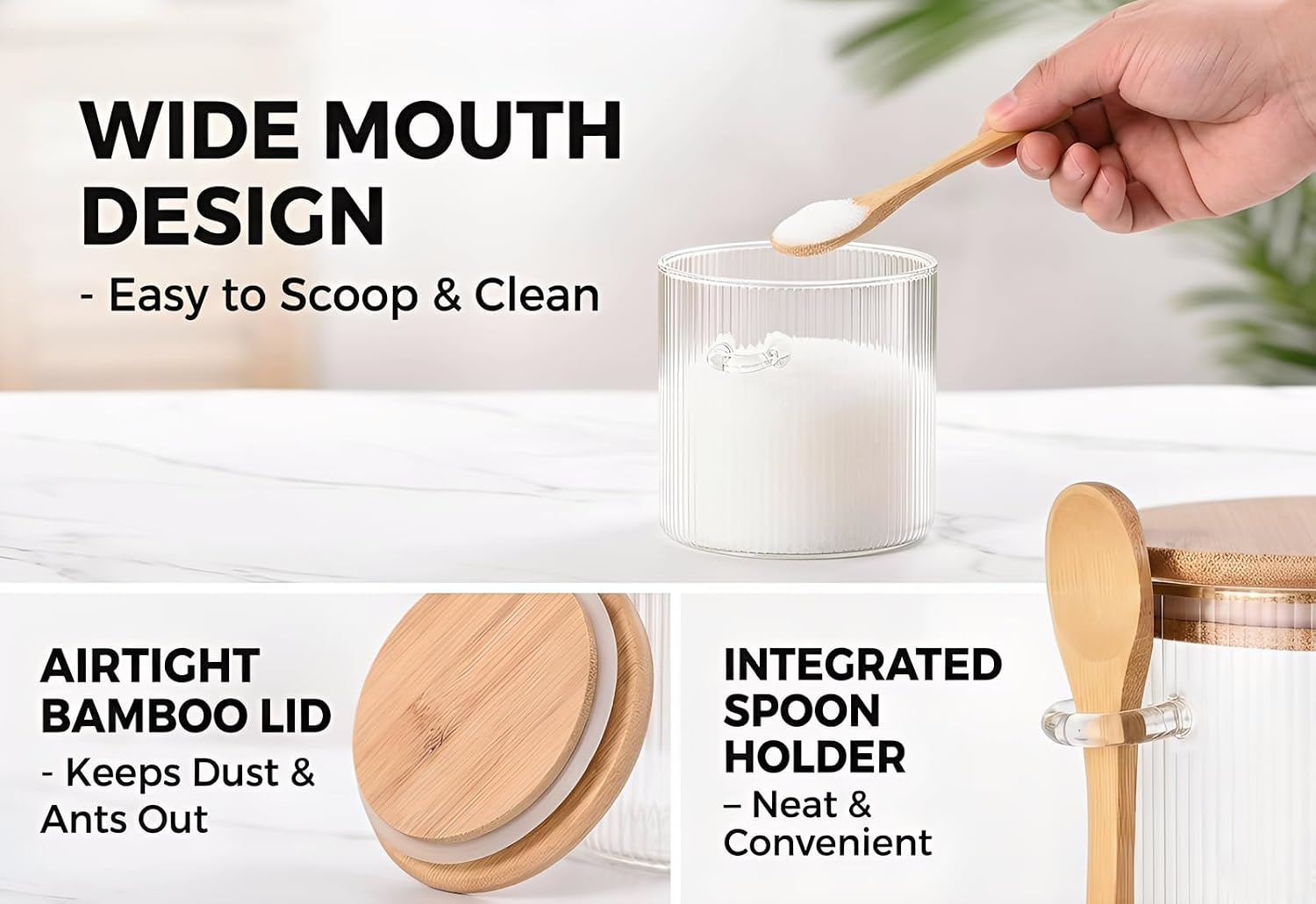 21oz Glass Sugar Container with Bamboo Lid & Spoon – Airtight Sugar Bowl for Coffee Bar Essentials, Sugar Cubes, Canister for Coffee Station Accessories – Clear Kitchen Bar Decor