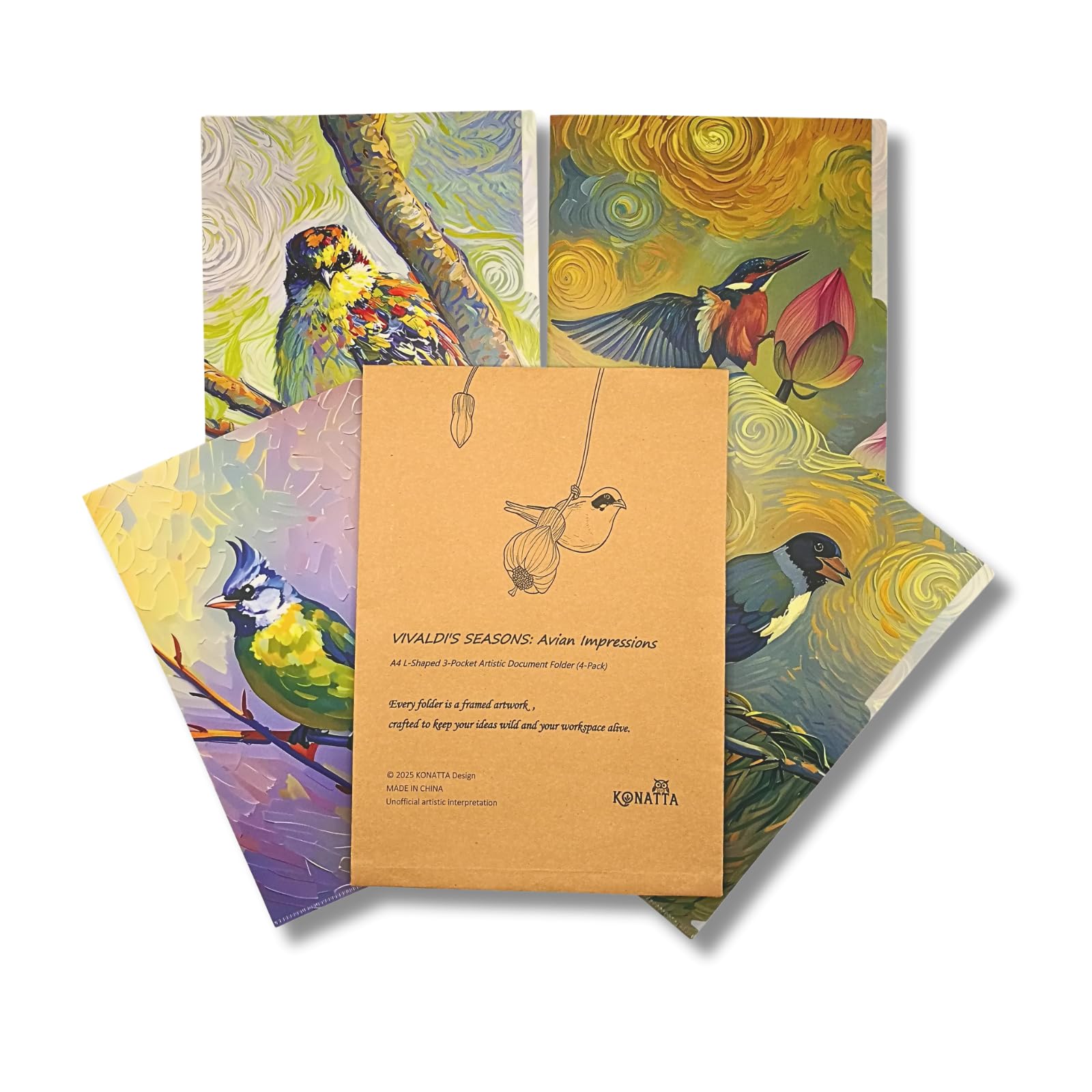 VIVALDI'S Seasons: Avian Impressions - Carpeta de documentos artísticos con 3 bolsillos en forma de L (4 unidades) | Diseño de pintura al óleo de pájaros impermeable | Embalaje artístico personalizado