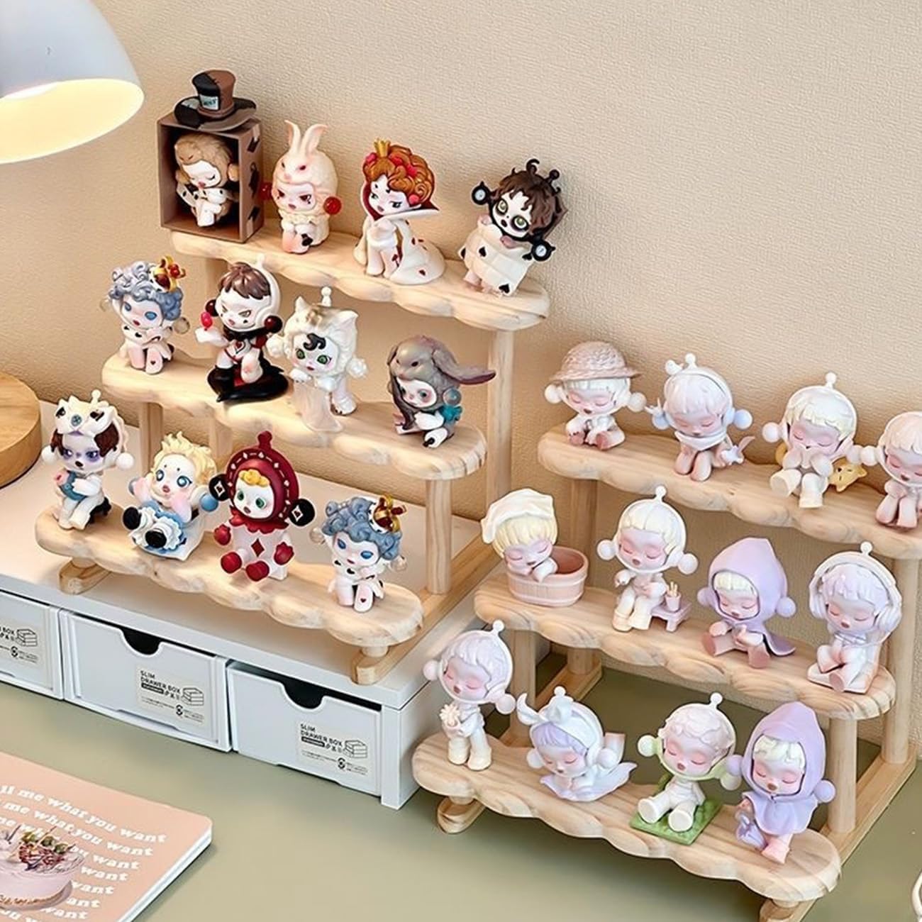 BYCY 3 Tier Wood Display Stand Minifigures Display Stand Wooden Perfume Organizer Cupcake Stand for Cosmetic Doll Model Lego Displays