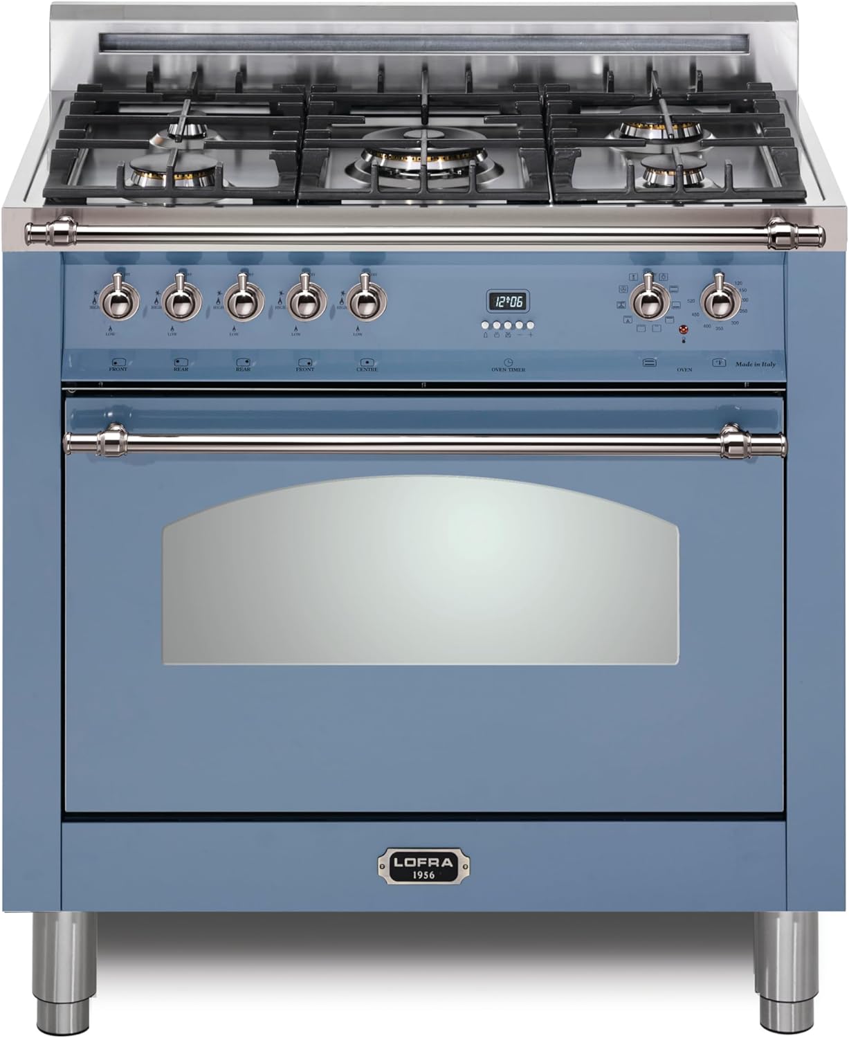 Lofra DolceVita Series 30 Inch Freestanding Dual Fuel Range Oven Stove, Cooktop 5 Sealed Brass Burners, Convection, 9 Cooking Modes, Knobs and Handrail Stainless Steel - Lavender