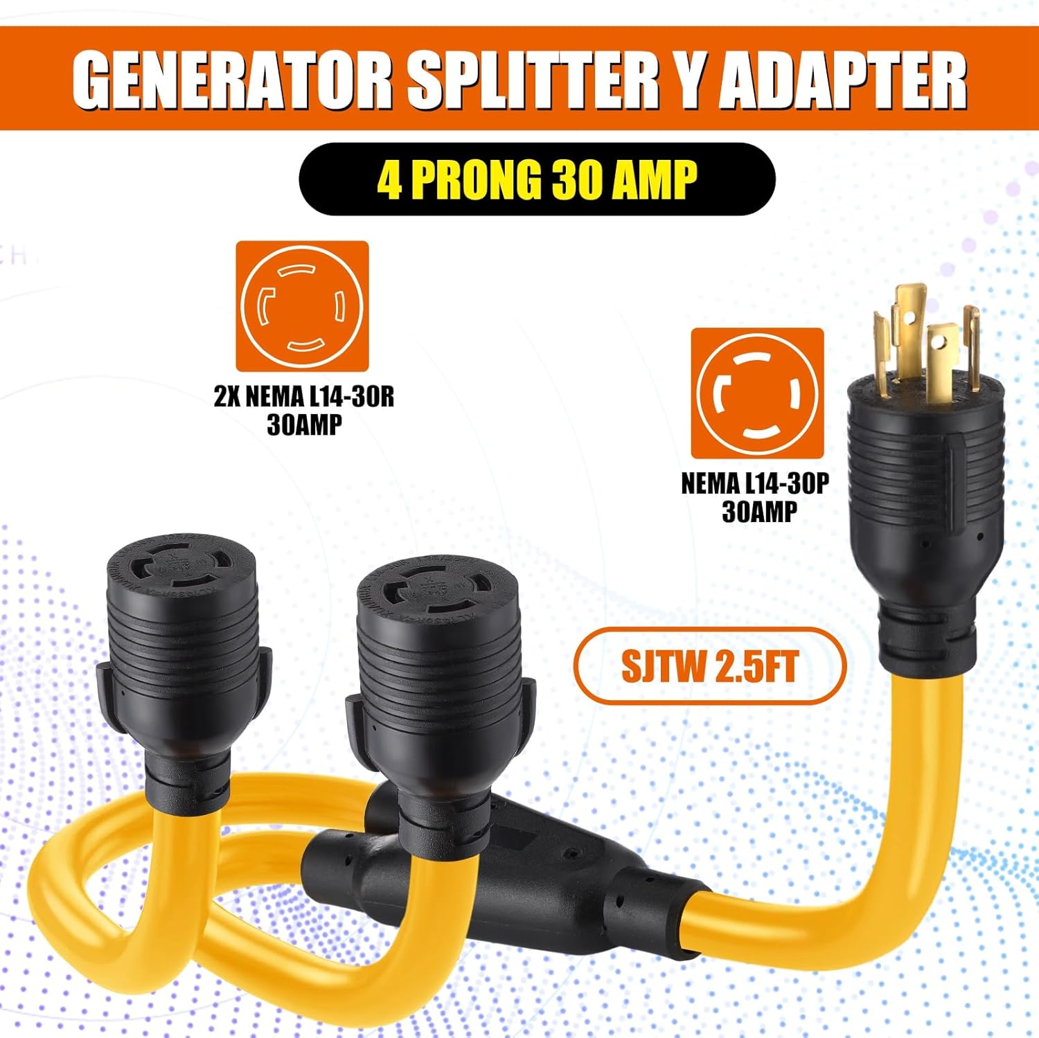Kanayu 4 Prong 30 Amp Generator Splitter Y Adapter Cord Compatible with Nema L14-30p to 2X L14-30r, Generator Locking Power Adapter Cord for Manual Transfer Switch, Outages Sjtw 10 Awg/4 C, 2.5 ft