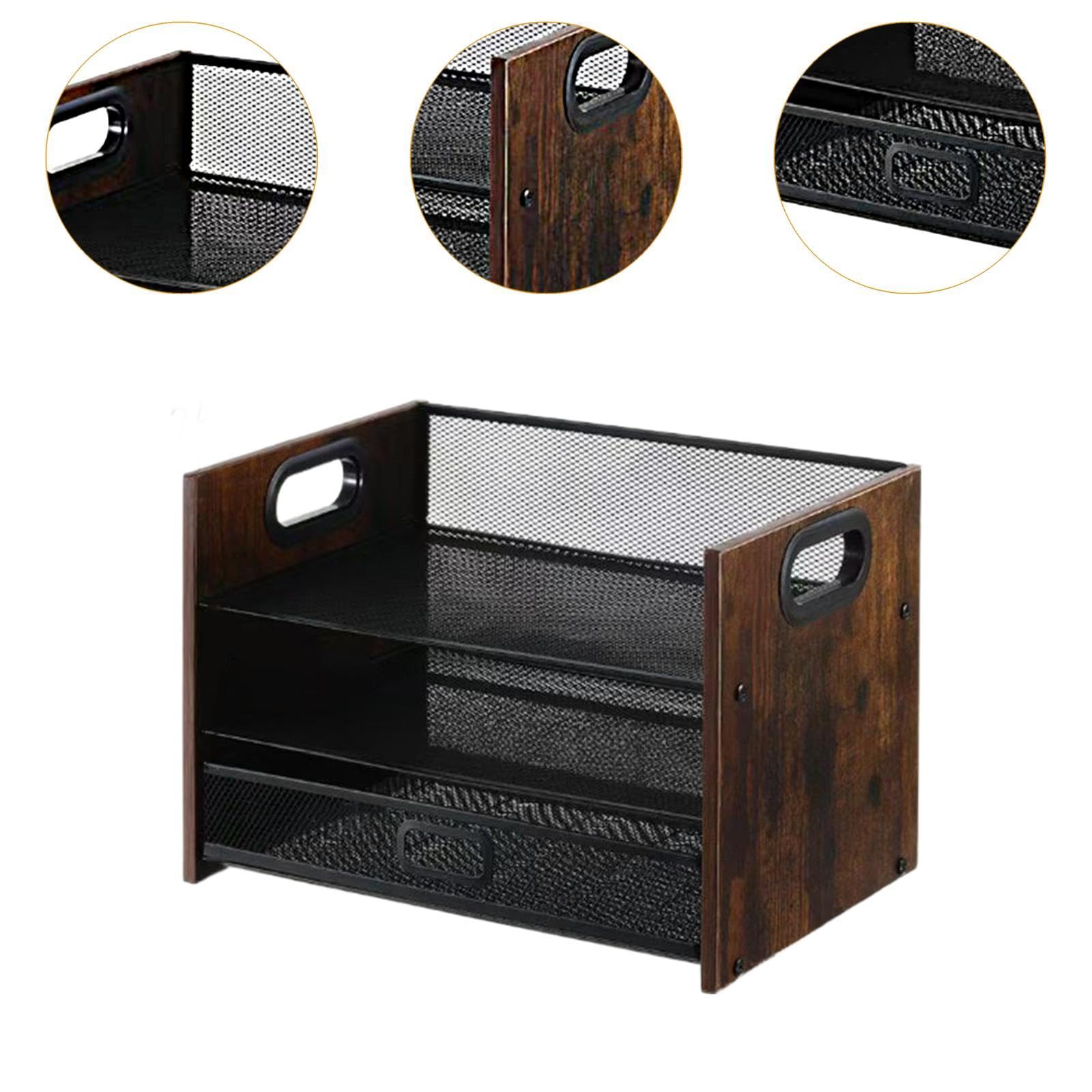 predolo Schreibtisch-Datei-Organizer, Schreibtisch-Organizer aus Holz mit Schublade, abgestuft mit Griff, Papierablage aus Holz für zu Hause, 3-stufig