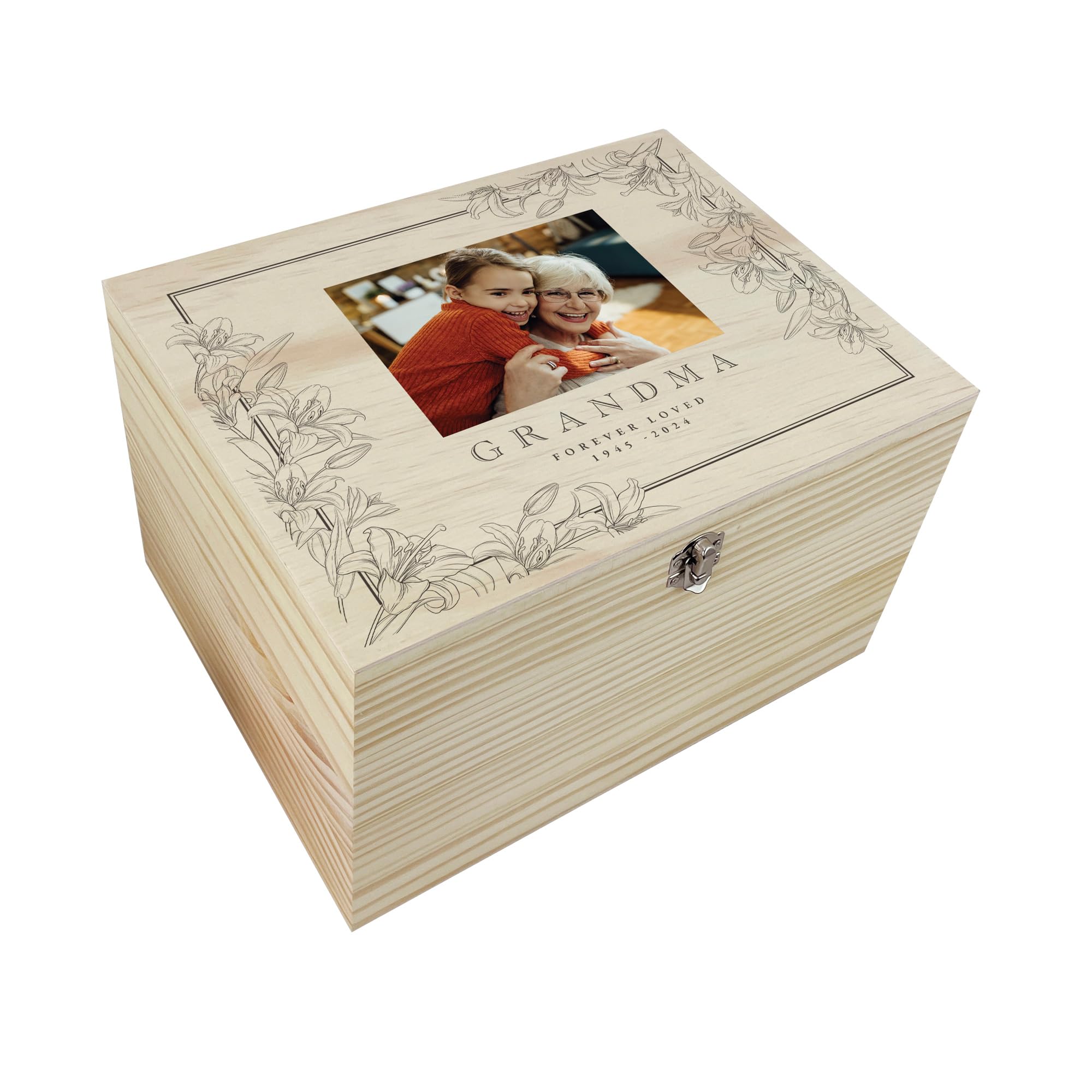The Lovely Keepsake Company Brown Personalised Pine Lily Photo Memory Box | Custom Wording & Photo | Birthday Gift, Anniversary Present, Bereavement Gift, Memorial Keepsake, Gift For Her | W30 X D22.9 X H18cm