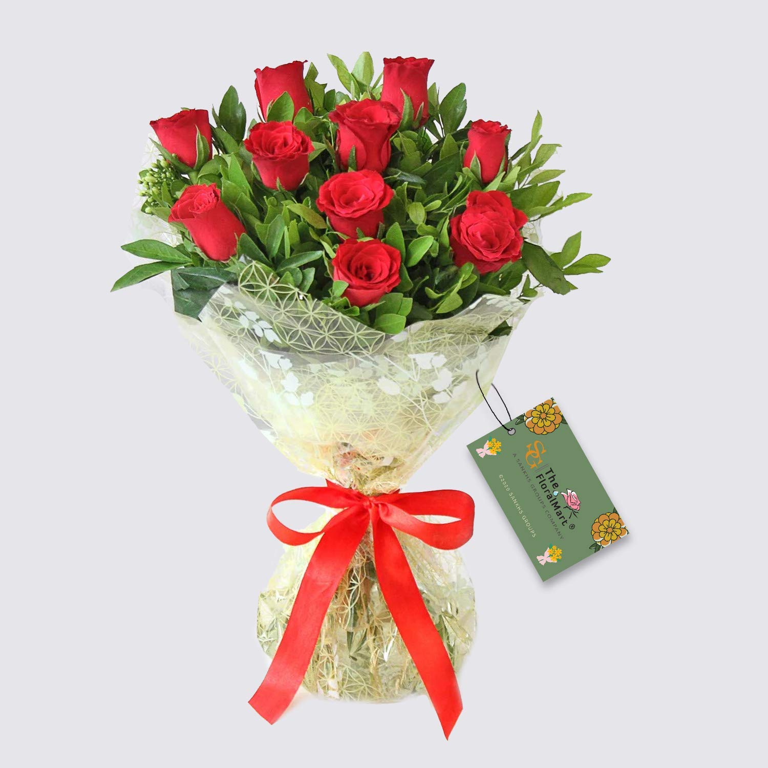 Natural Flowers Bouquet | Fresh Flowers | Bunch of Red Roses in Cellophane Wrapping | Message Card (Bunch of 10)-image-14