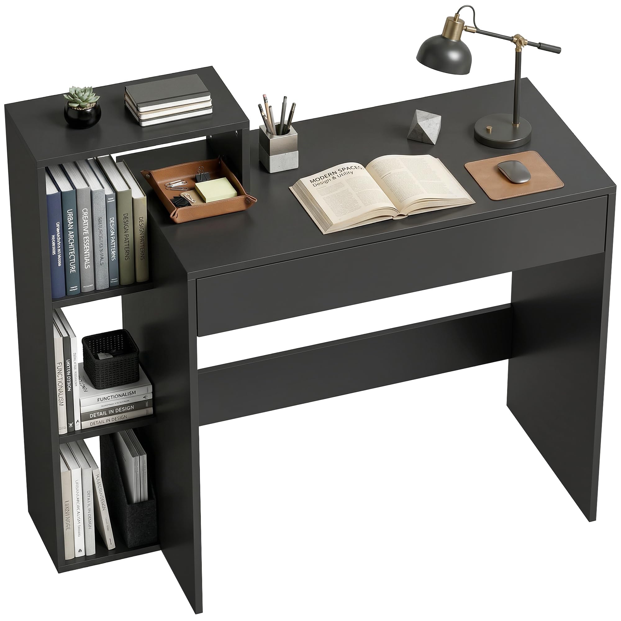 HOMCOM Escritorio con Almacenamiento, Escritorio PC, 100x40x90 cm, Negro | con 3 estantes, cajón, estación de trabajo, Escritorio de computadora para teletrabajo, sala de estar