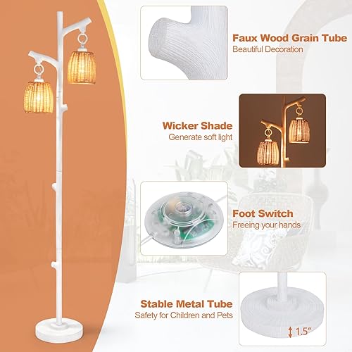 Miniatura 8 de Tangkula Lámpara de pie de granja, 65 pulgadas de alto, casa de campo rústica, 2 luces regulables, lámpara de pie de ratán de árbol, columna de