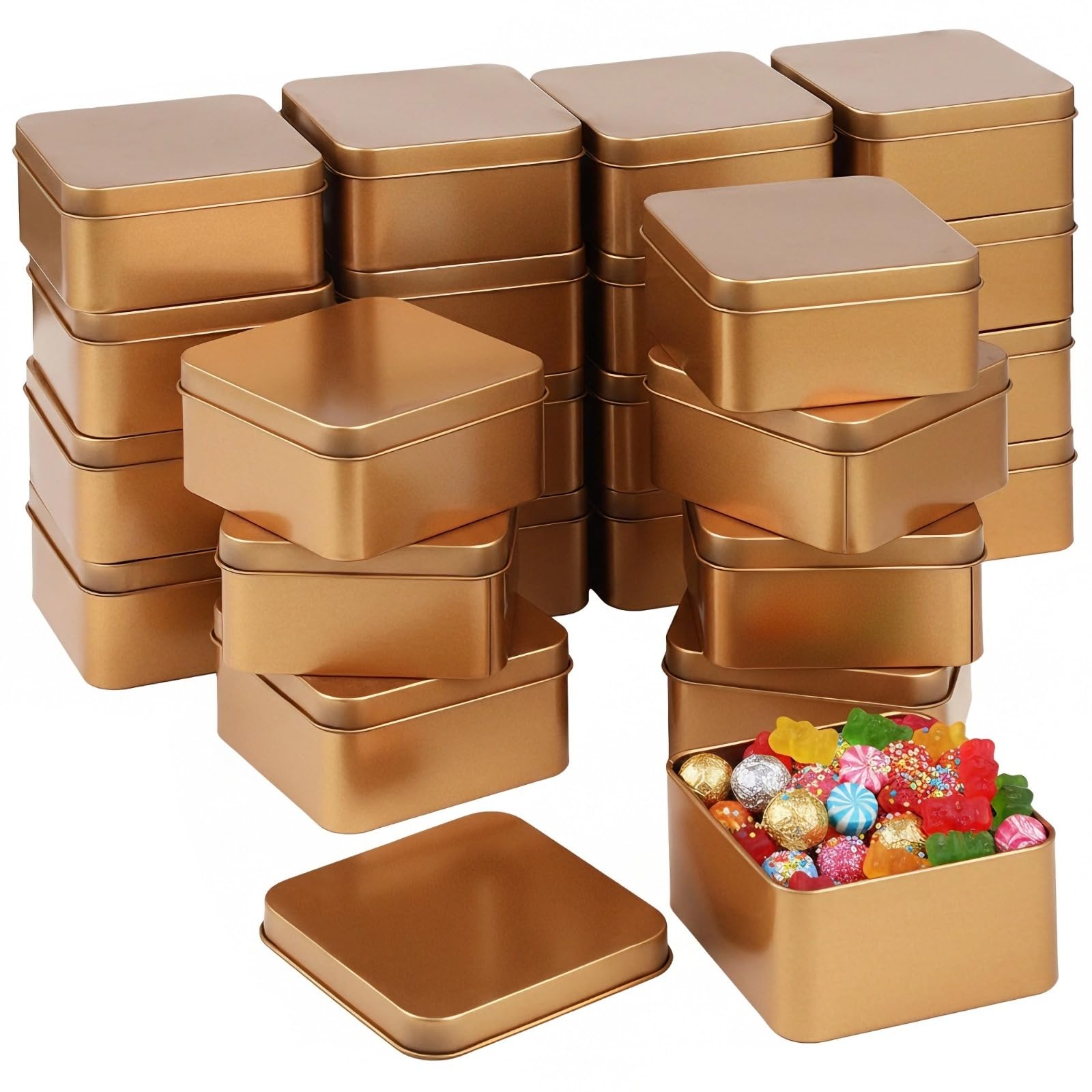 Quadratische Metalldosen, goldfarben, leere Dosen mit Deckel, kleine Aufbewahrungsbehälter für Süßigkeiten, Geschenke, Handwerk, tragbare Partygeschenke, 24 Stück