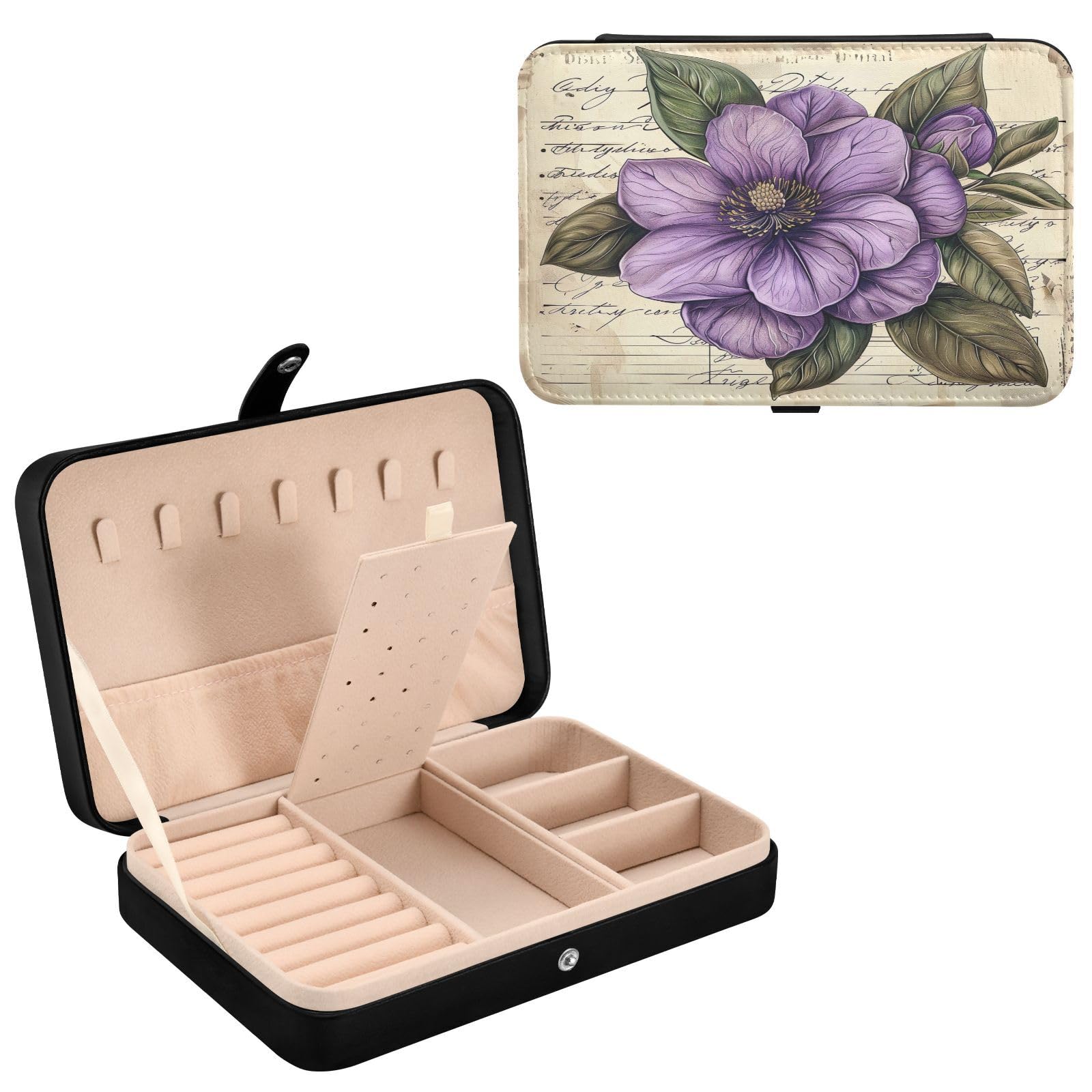 Haskirky Flower with Green Leaves Jewelry Box Portable PU Leather Travel Jewelry Organize for Women Jewelry Storage Display Holder for Ring, Necklace, Earring