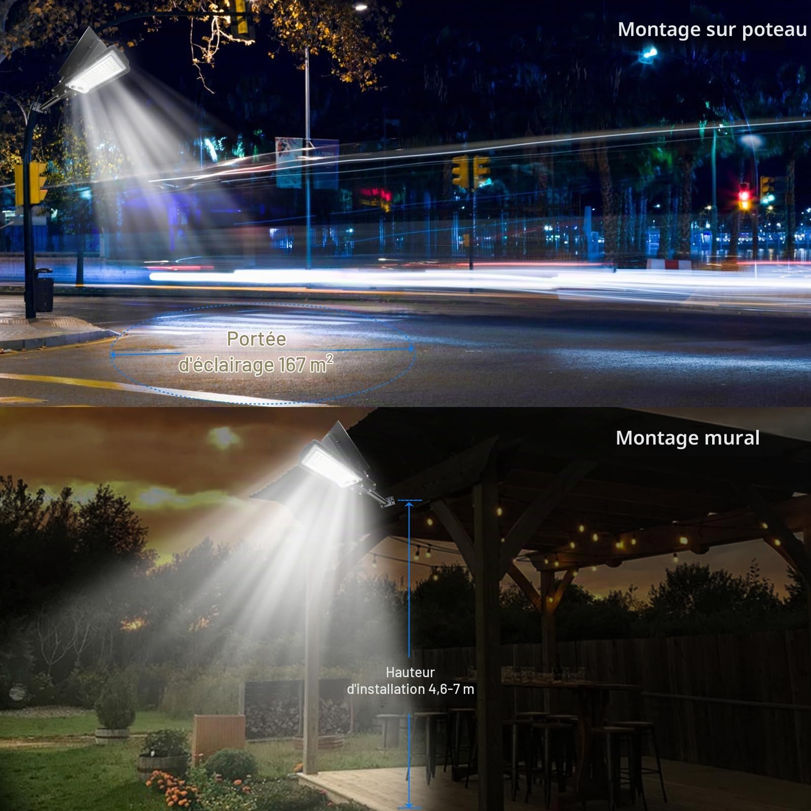 Eleganted Lampadaire Solaire Exterieur, IP66 Étanche Luminaire solaire, 30000LM Projecteur Exterieur Solaire, 6500K Lampe Solaire avec Télécommande, pour Parking Patio Rue Jardin, Cour