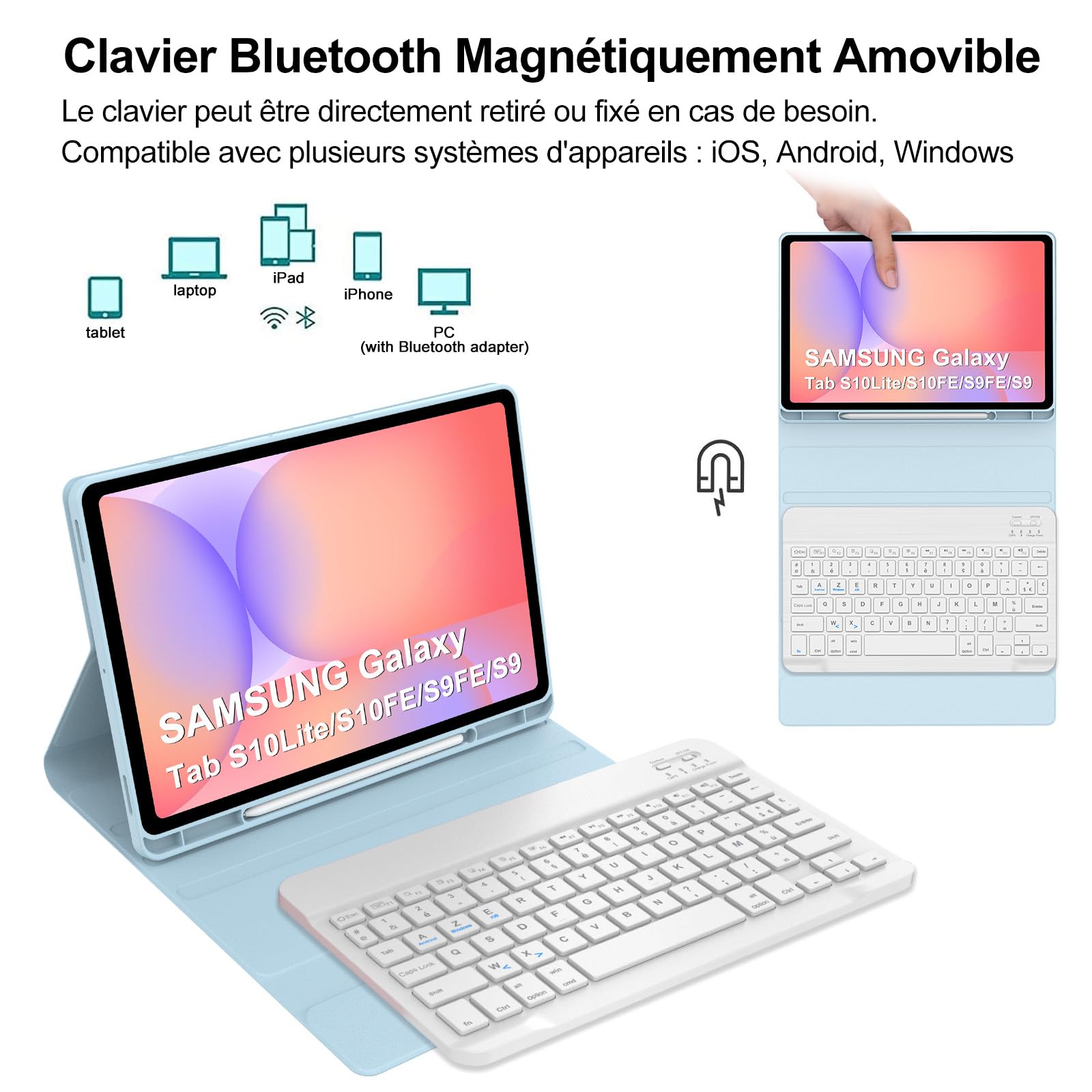 Coque Clavier pour Samsung Galaxy Tab S10 Lite S10 FE 2025/S9 FE 2023 10.9 Pouces, AZERTY Français Housse Clavier Bluetooth Détachable avec Porte Crayon pour Samsung Galaxy Tab S9 11" 2023, Bleu Ciel