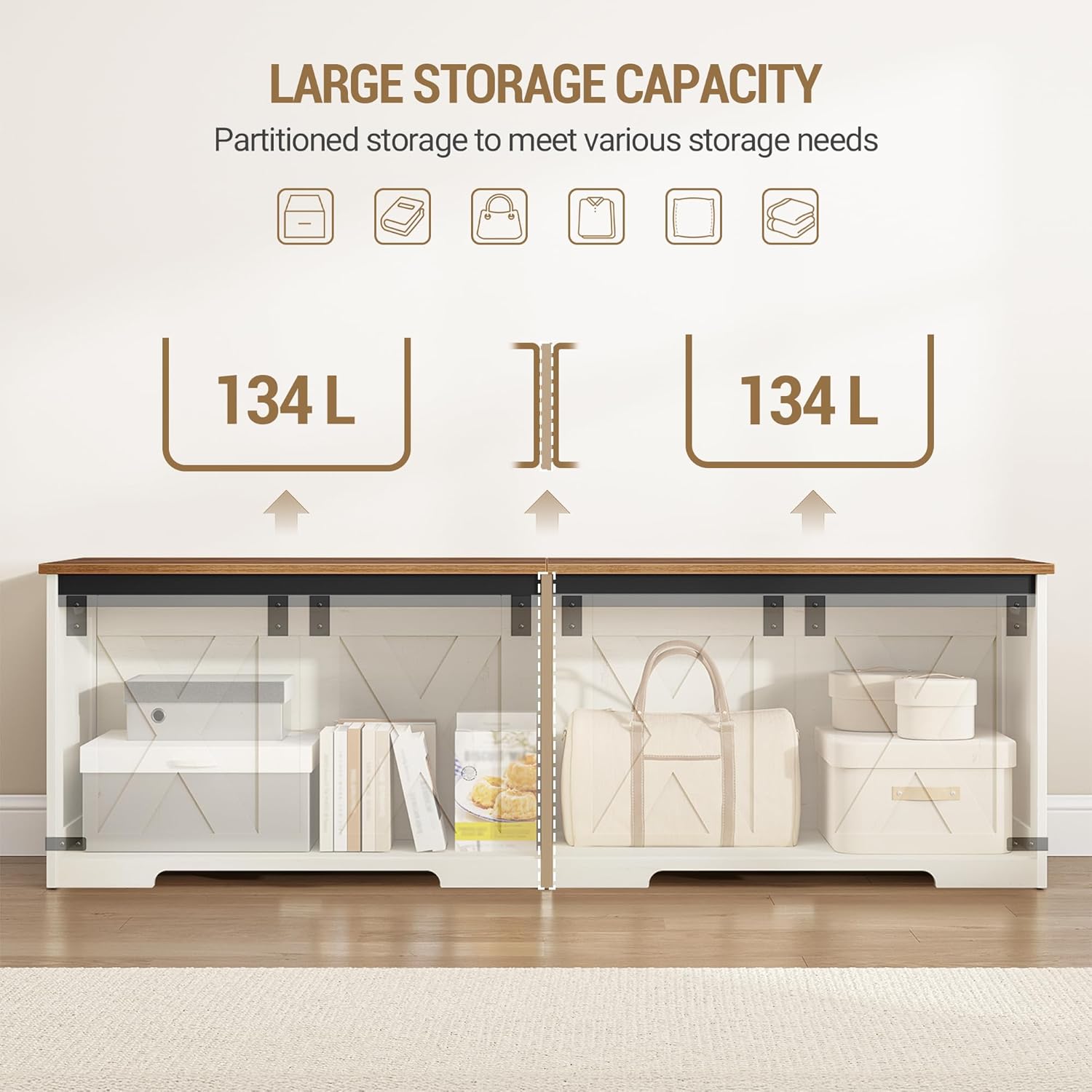 Hzuaneri 59" Storage Chest, Large Storage Trunk with 2 Hinges, Farmhouse Wooden Box Bench, Lift-Top Organizer Chest, Entryway Trunk for Bedroom, Living Room, White and Brown SB15014X