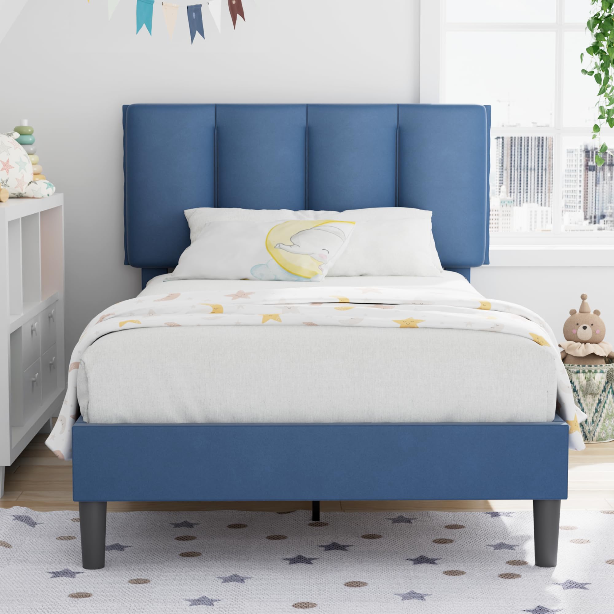 VECELO Twin Size Bed Frame, Upholstered Platform Bedframe, Adjustable Headboard, Wood Slat Support, No Box Spring Needed, Easy Assembly, Dark Blue