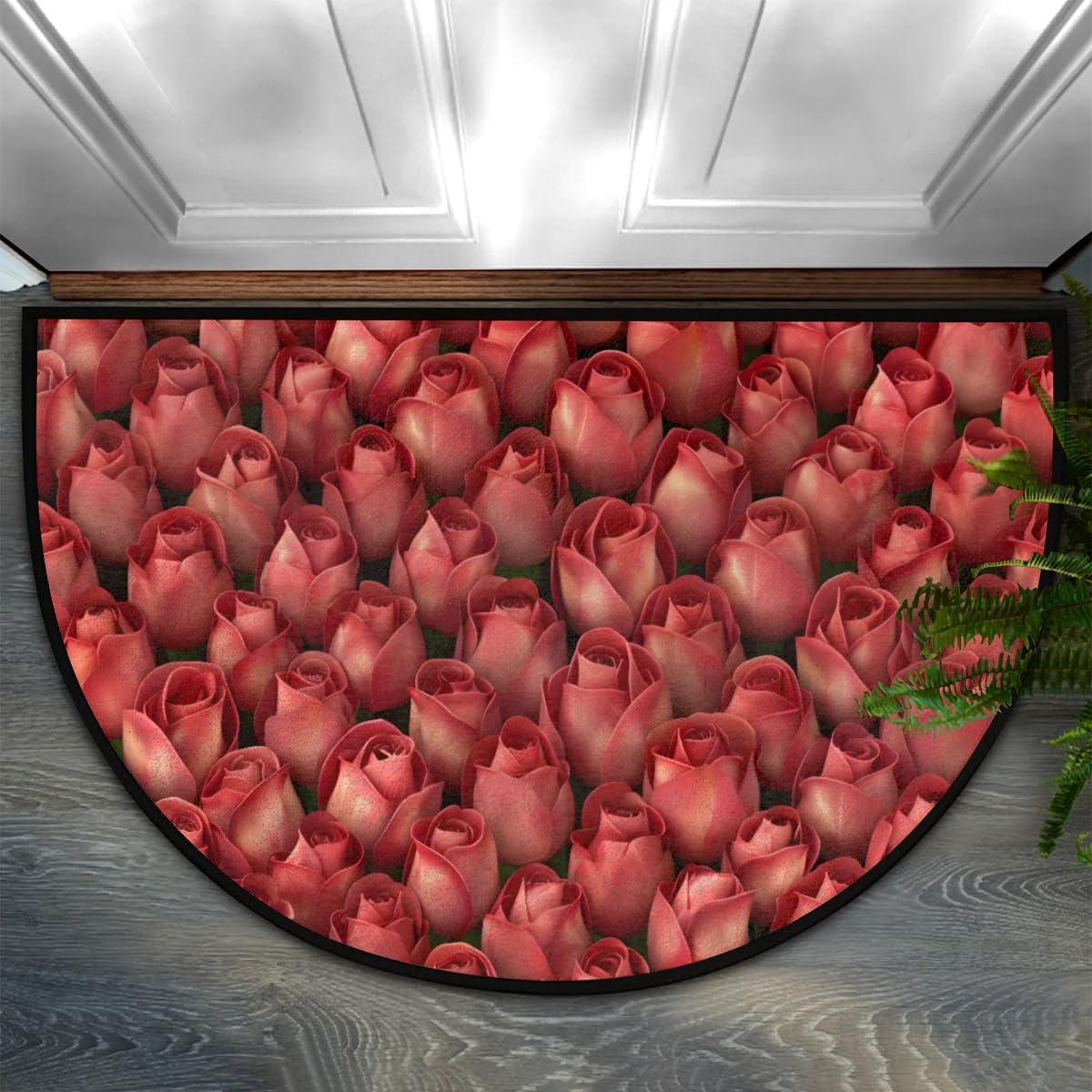 Half Round Door Mat Rose Flower Floral Valentine's Day Non-Slip Semi Circle Area Rug Washable Half Moon Hearth Rugs for Indoor Outdoor Bathroom Kitchen Patio Runner Mat Laundry Room Home Decoration