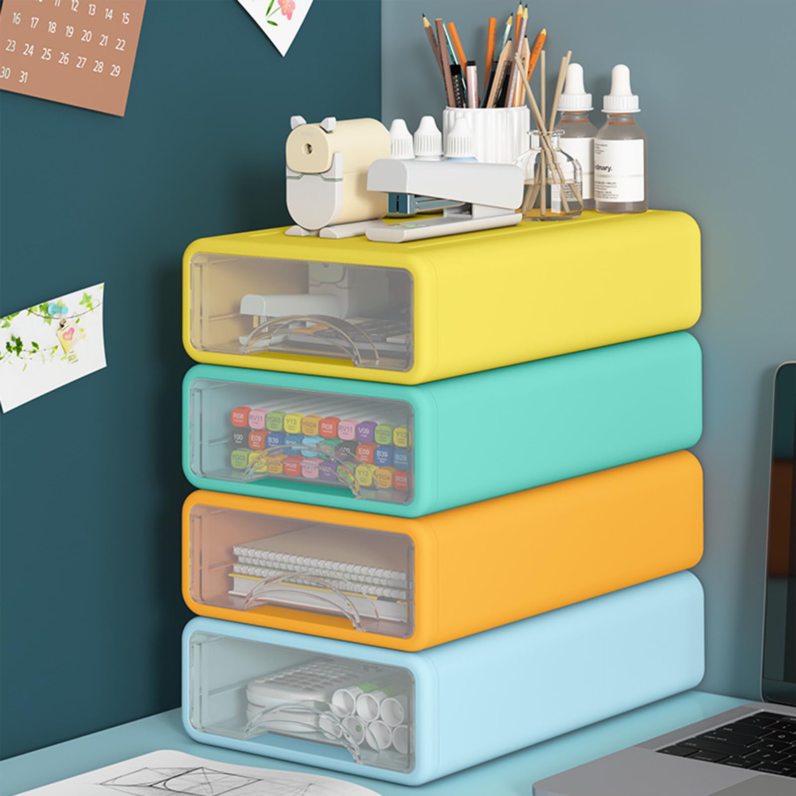 Organizer da scrivania con cassetti, cassetti impilabili con scomparti, organizzazione da scrivania per forniture per ufficio, trucco, matite, nastro, gomme, graffette, caricatori (confezione da 4