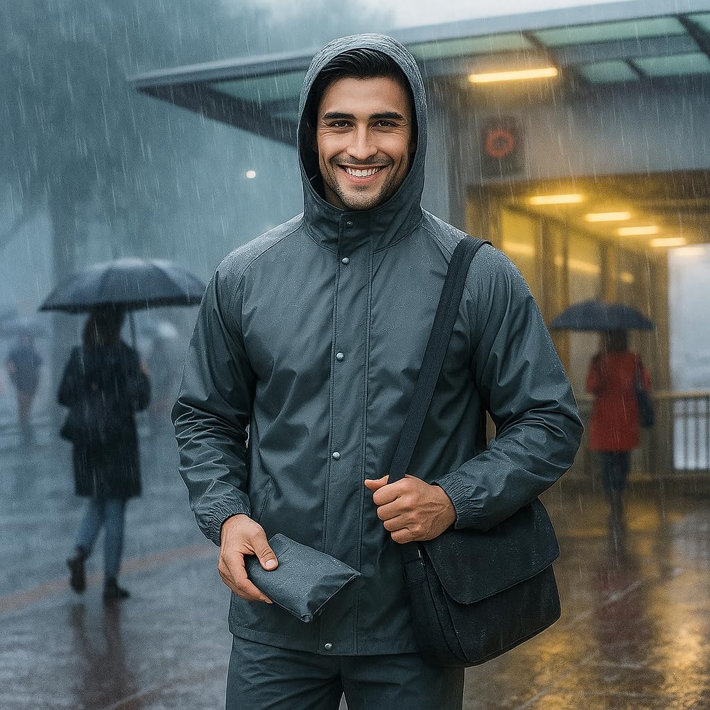 Unox Rain Coat for Men waterproof, GREY-XL Size Waterproof Raincoat Black with Pant Set suitable for Men, Women, Boys & Girls Adjustable Top and Bottom Rain Coat - Image 5 thumbnail