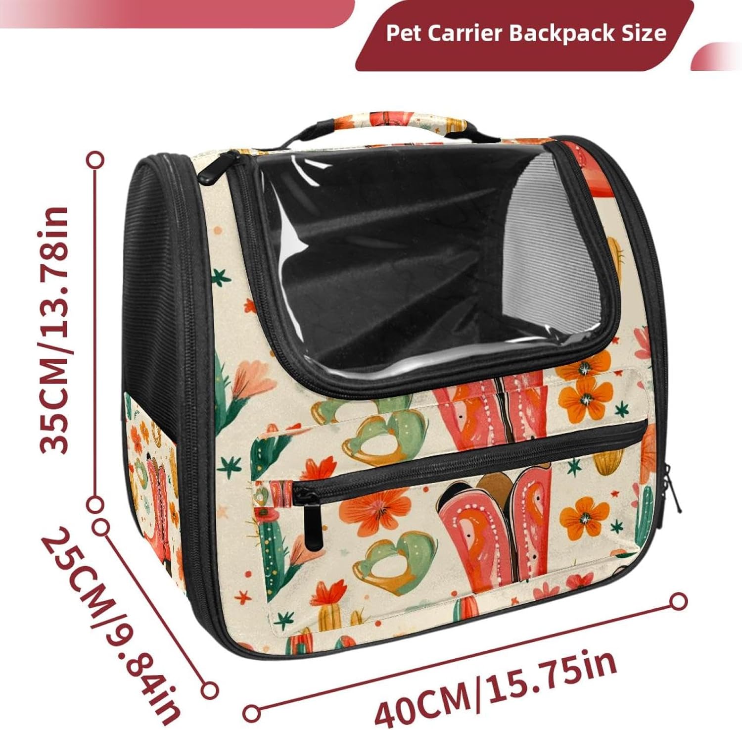 Portable Travel pet Backpack Carrier Hamster Bag Small Dog cat Carrier Breathable Hang Bag, Western Cowboy Hat Cactuses