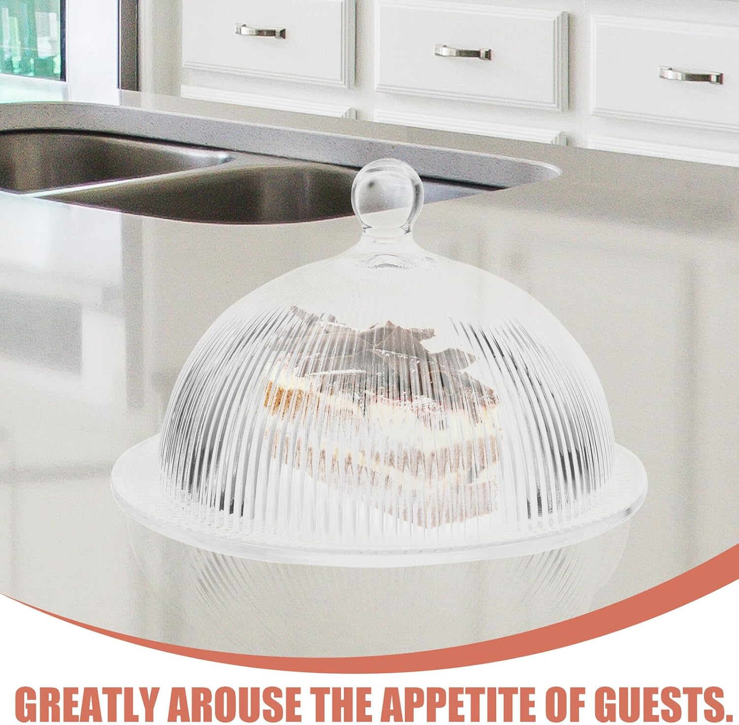 GARVALON Glass Cake Stand with Dome Lid, Glass Dessert Plate and Covered Serving Tray, 20cm Vertical Ribbed Design for Home Baking and Fruit Display