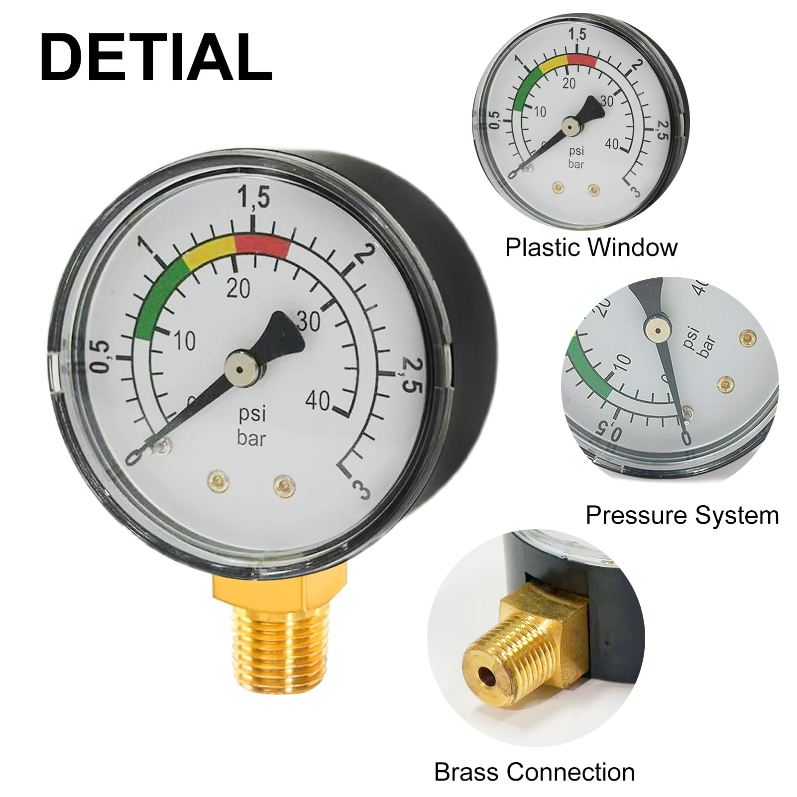 Manomètre de pression de piscine 1/4" - Double échelle de précision - Boîtier en laiton robuste en acier inoxydable - Installation facile - Durable - Polyvalent - Pour piscine, étang à