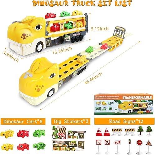 Miniatura 6 de DaoDaoZhu Camión de dinosaurio de juguete para niños de 2, 3, 4, 5, 6, 7 años, pista plegable y modo de carrera de 2 jugadores, transporte de luz y