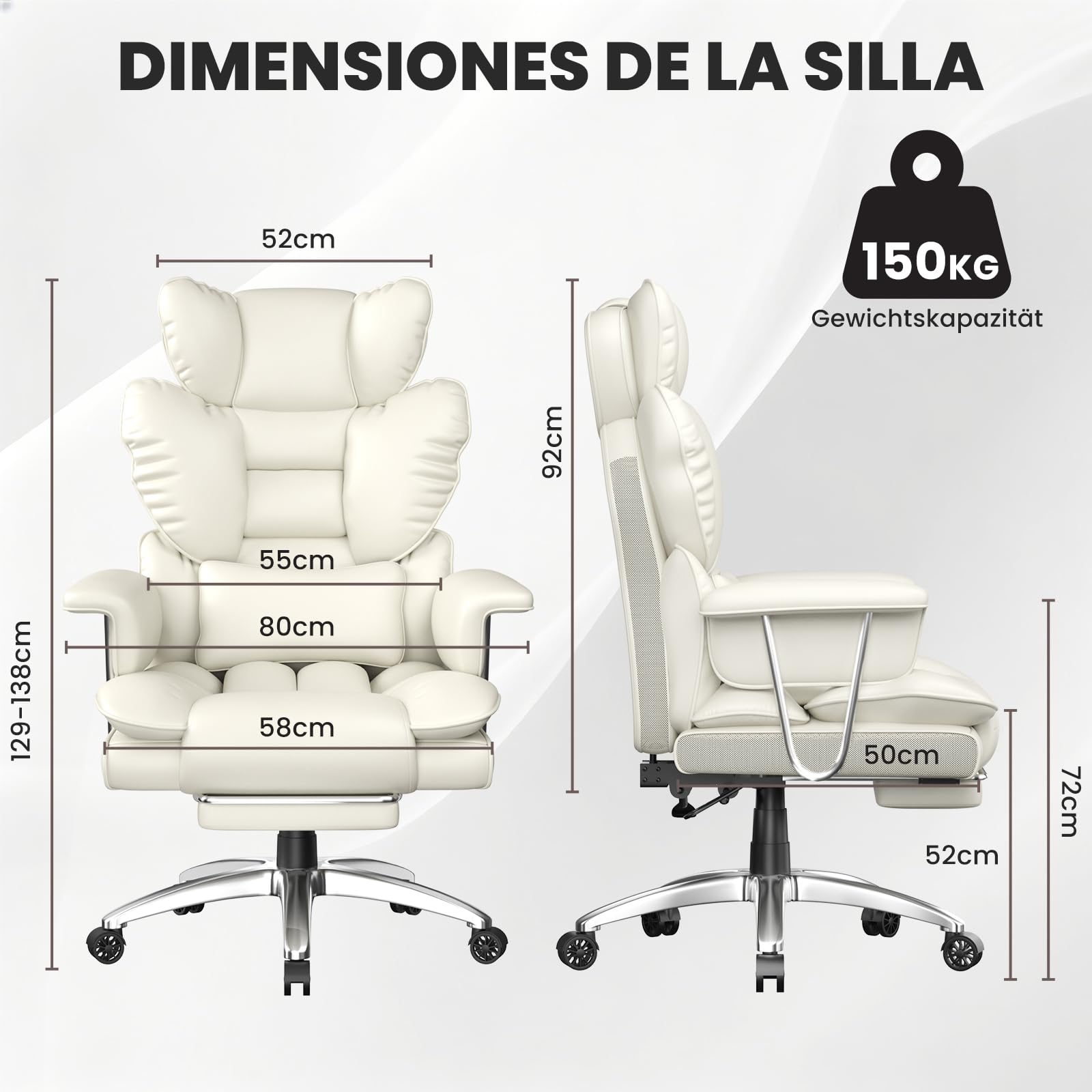 rattantree Sillón Ejecutivo ergonómico con reposapiés, Silla de Oficina Piel sintética con Respaldo Alto, Silla Escritorio para Oficina y teletrabajo, Blanco