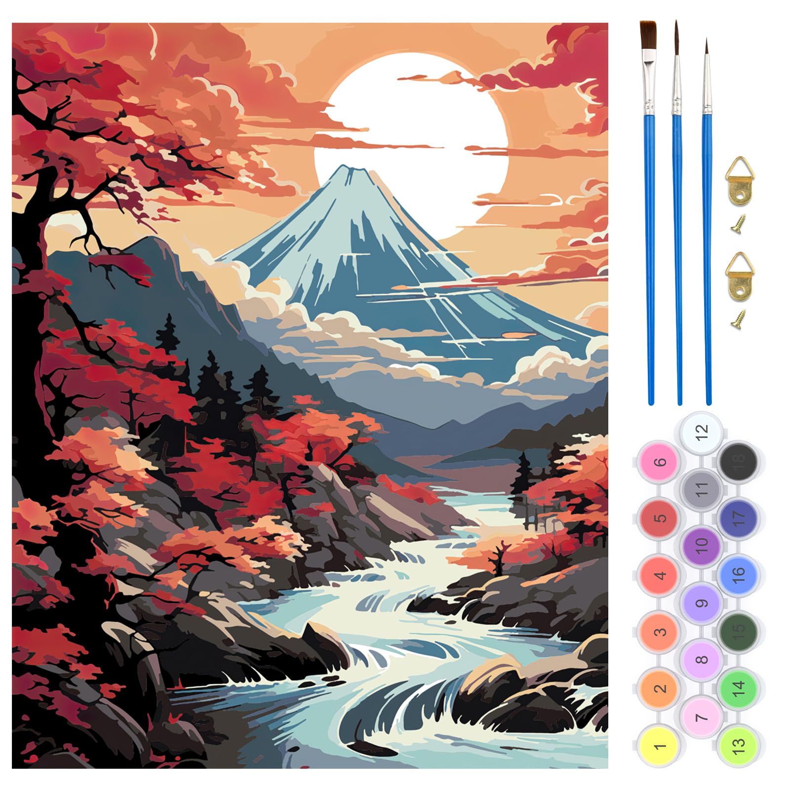 QENSPE Paisaje Pintura por Números para Adultos, Kit de Pintar por Números DIY con 3 Pinceles y Pinturas Acrílicas, Regalo para Decoración de Pared del Hogar, Sin Marco 40x50 cm - Río Monte Fuji