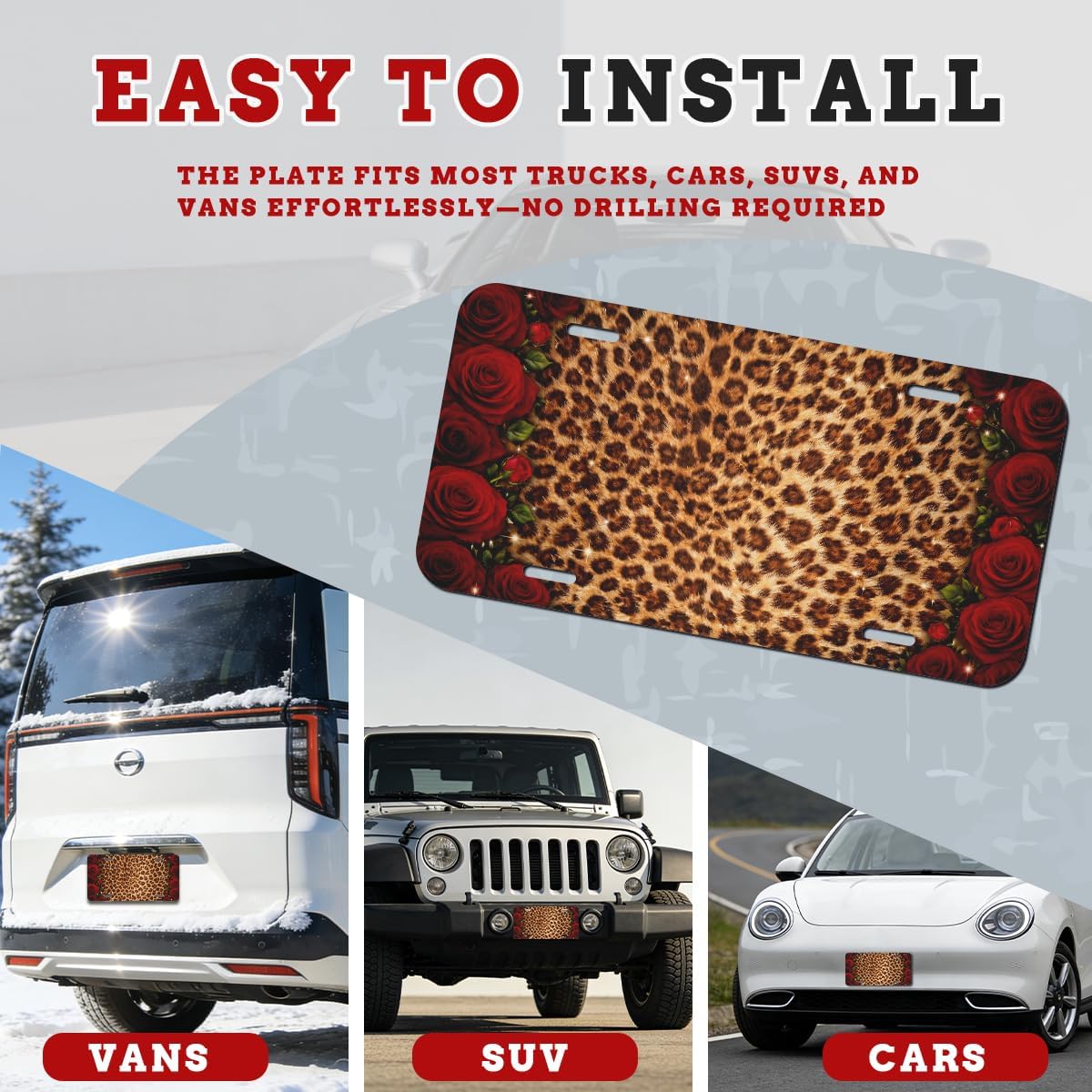 Leopard License Plate Red Rose Animal Print Aluminum Metal Decor Accessory Novelty Vanity Tag Cover with 4 Holes 12×6 Inch Car Decor Accessory with 4 Holes for Men Women image 3