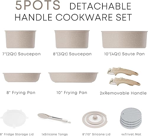 Miniatura 2 de Caannasweis Juego de ollas y sartenes antiadherentes, juegos de utensilios de cocina de mango desmontable, utensilios de cocina de inducción