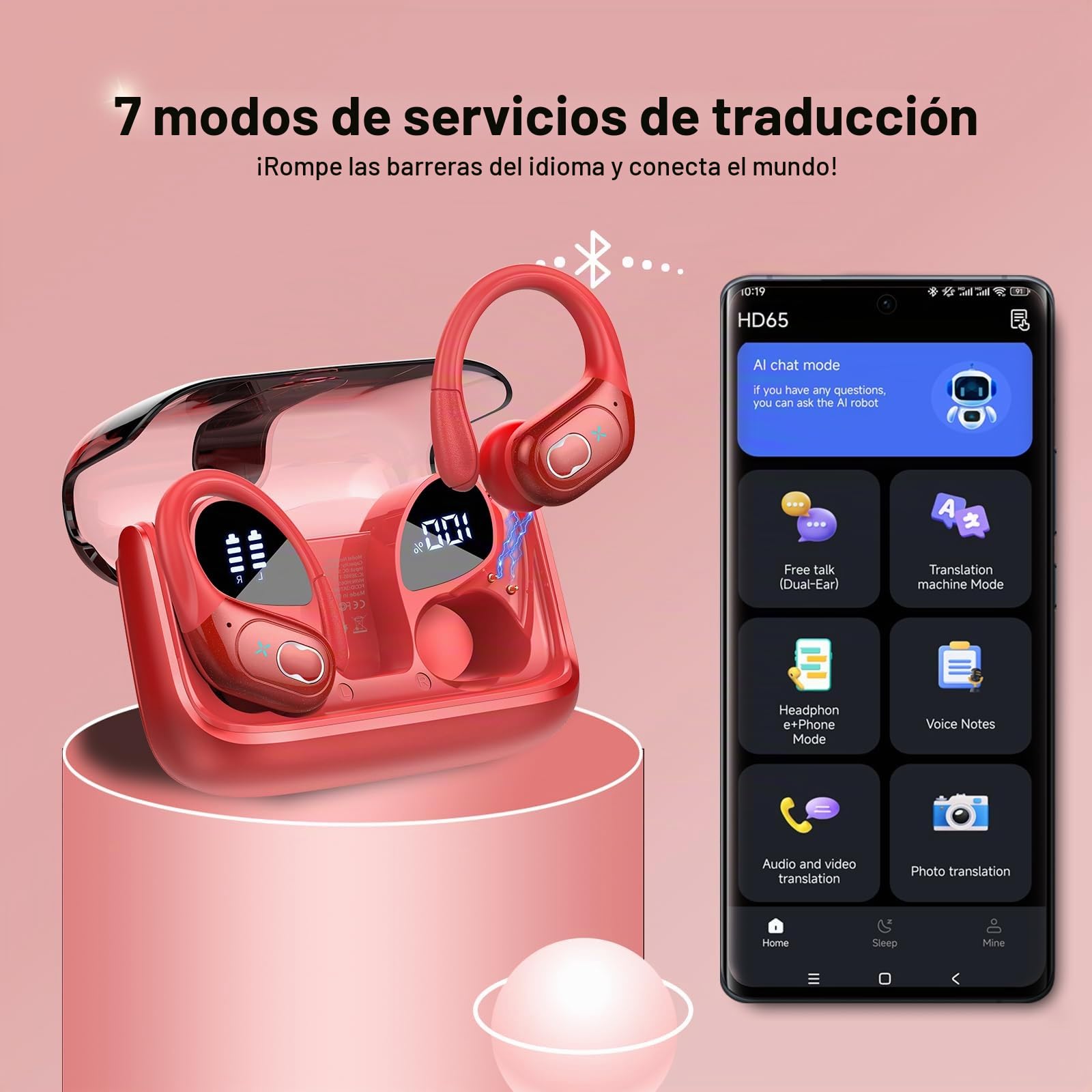 AI Auriculares Traductor en Tiempo Real(2026), 164 Idiomas y 6 Modos de Traducción, 3 in 1 AI Auriculares Traductor, Bluetooth 5.4 con ENC y App con para Viajes/Negocios/Aprendizaje, Rojo Oscuro