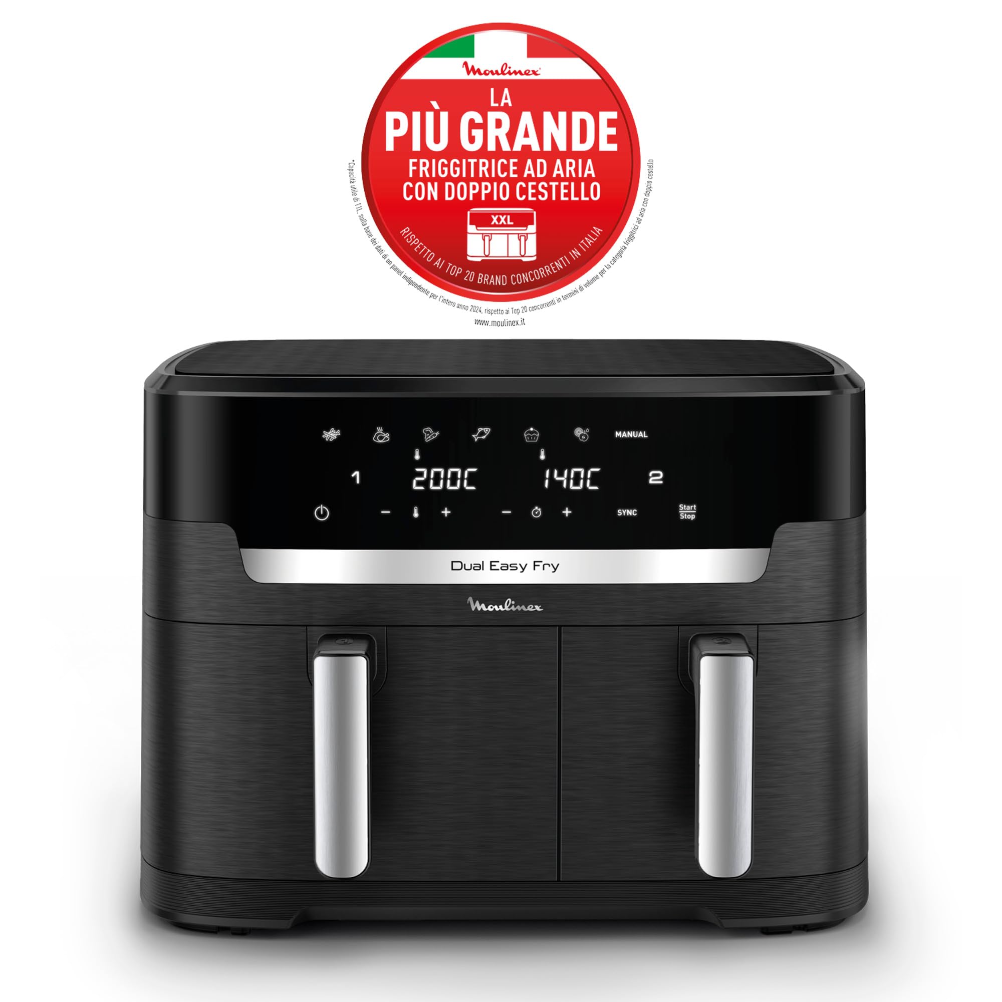Moulinex Dual Easy Fry XXL, Friggitrice ad Aria 11 Litri, Doppio Cestello Antiaderente Lavabile in Lavastoviglie, Basso Consumo Energetico, 7 Modalità, App Ricette, Colore Nero, EZ9428