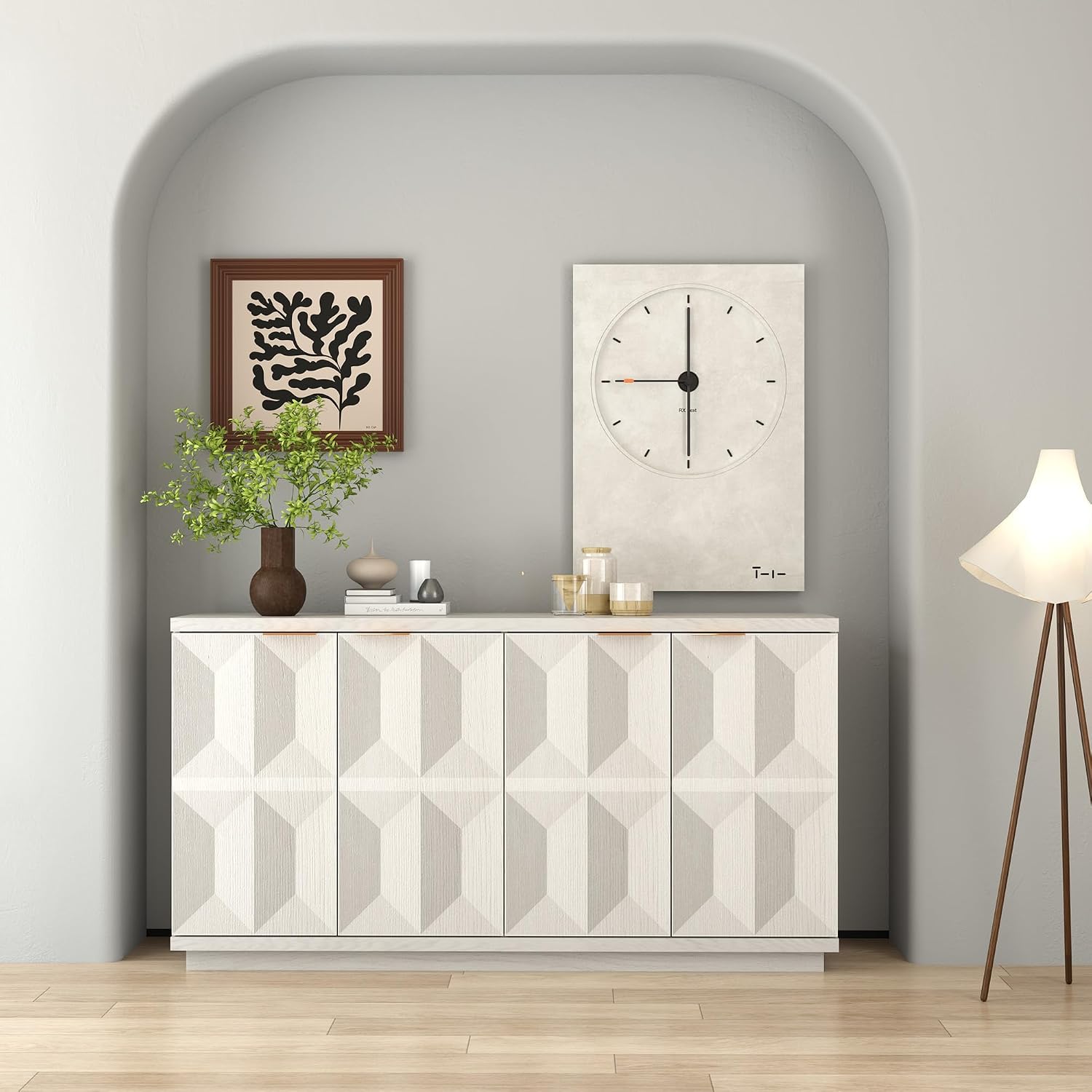 Brafab Buffet Cabinet, 59" Modern Mid-Century Credenza with 4 Doors, Wood Sideboard Cabinet with Geometric Doors for Living Room and Kitchen, White