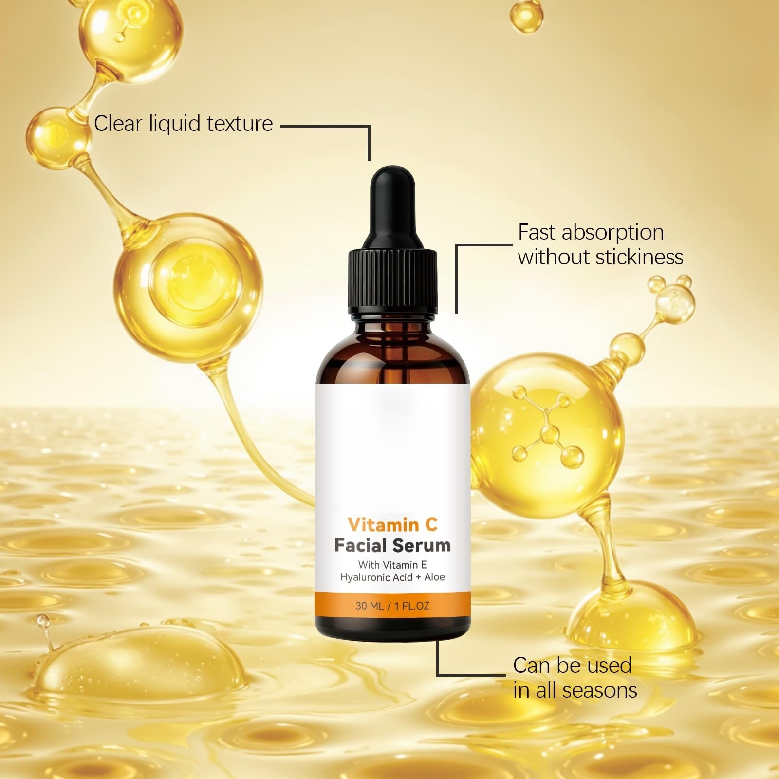 Serum witaminy C - Serum przeciwstarzeniowe Witamina C z kwasem hialuronowym, witamina E, aloes - Serum świecące dla ciemnych plam, cienkie linie i zmarszczki, przeciw ciemnemu kołu, przeciw