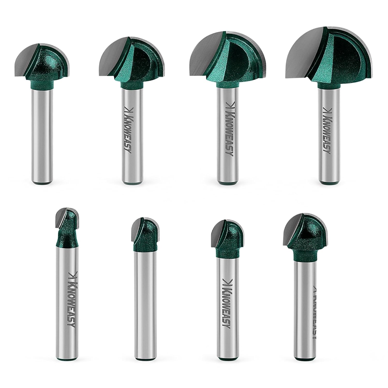 Knoweasy 8-Piece Cove Box Router Bit Set with 1/4 Inch Shank, Solid Carbide Round Nose Bits for Woodworking, Includes 1/4, 5/16, 3/8, 1/2, 5/8, 3/4, 7/8 and 1 Inch Cutting Diameters