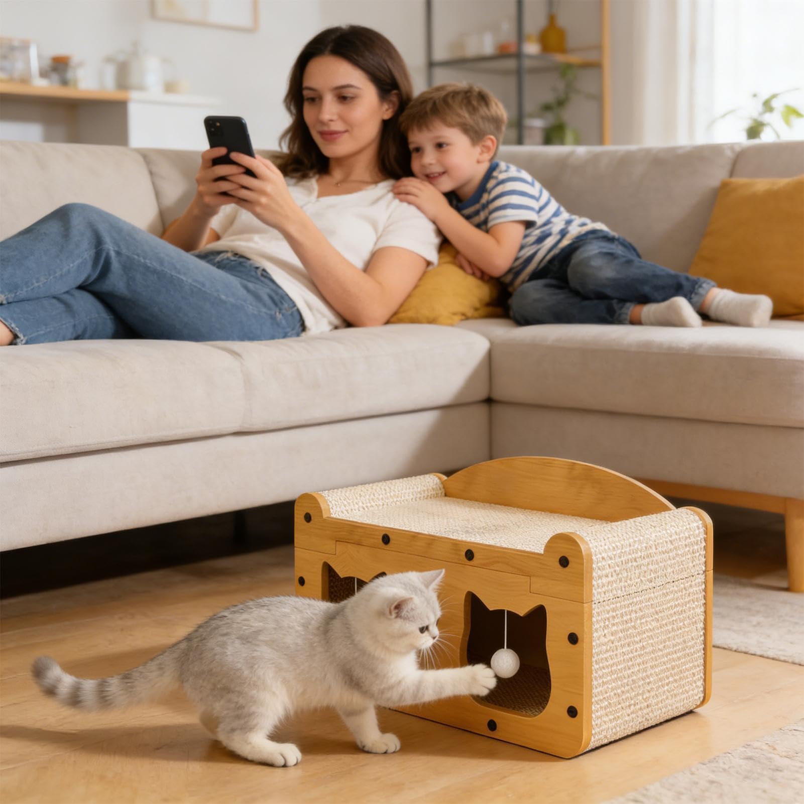 Casa Rascador de Cartón para Gatos Cama Antideslizante Interactiva con | Casa de Cartón para Gatos para Disfrutar en Familia en Interior, Exterior, Salón o Viajes