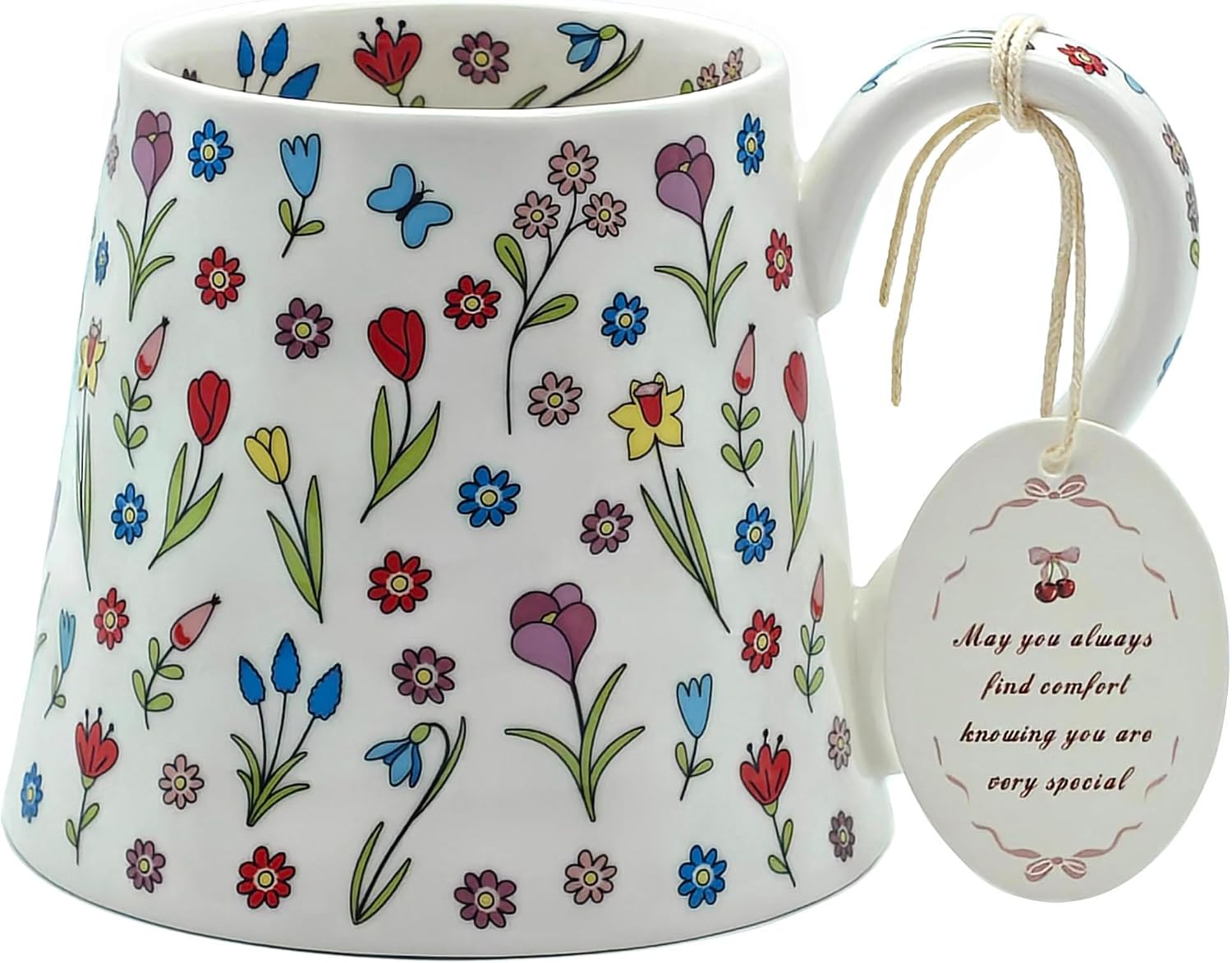 Novelty Large Ceramic Coffee Mug Cute Flower with Handmade Big Handle, 13.5oz/ 400ml Irregular Floral Tea Cup for Women Valentine Gift, Christmas Mugs for Tea Milk Cocoa Latte Juice White