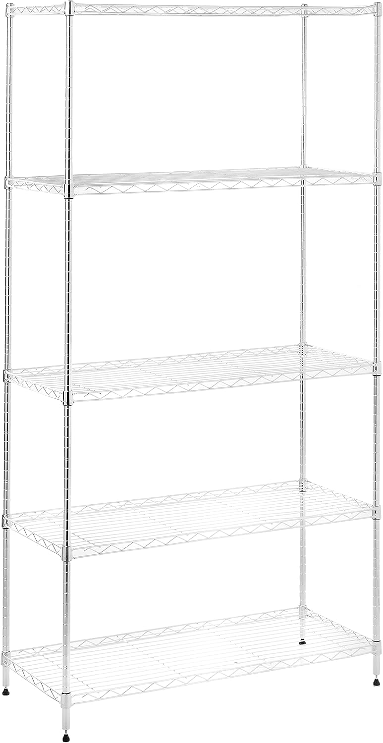 IRIS USA 5-Tier Adjustable Wire Shelving Unit, Heavy-Duty Metal Storage Rack with Chrome Finish and Leveling Feet, Silver