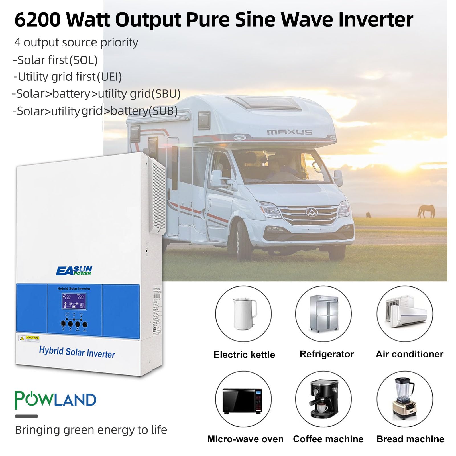 POWLAND Inversor Híbrido de 6200 W, 48 V, Onda Sinusoidal Pura Independiente de la Red, CC a CA 230 V, Máximo PV 60-500 VDC, para Baterías de Plomo y Litio, Con Módulo WiFi