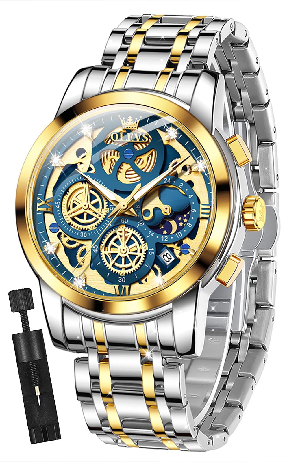 Mens Watch Chronograph Luxury Diamond Dress Business Analog Quartz Wrist Watches Stainless Steel Waterproof Luminous